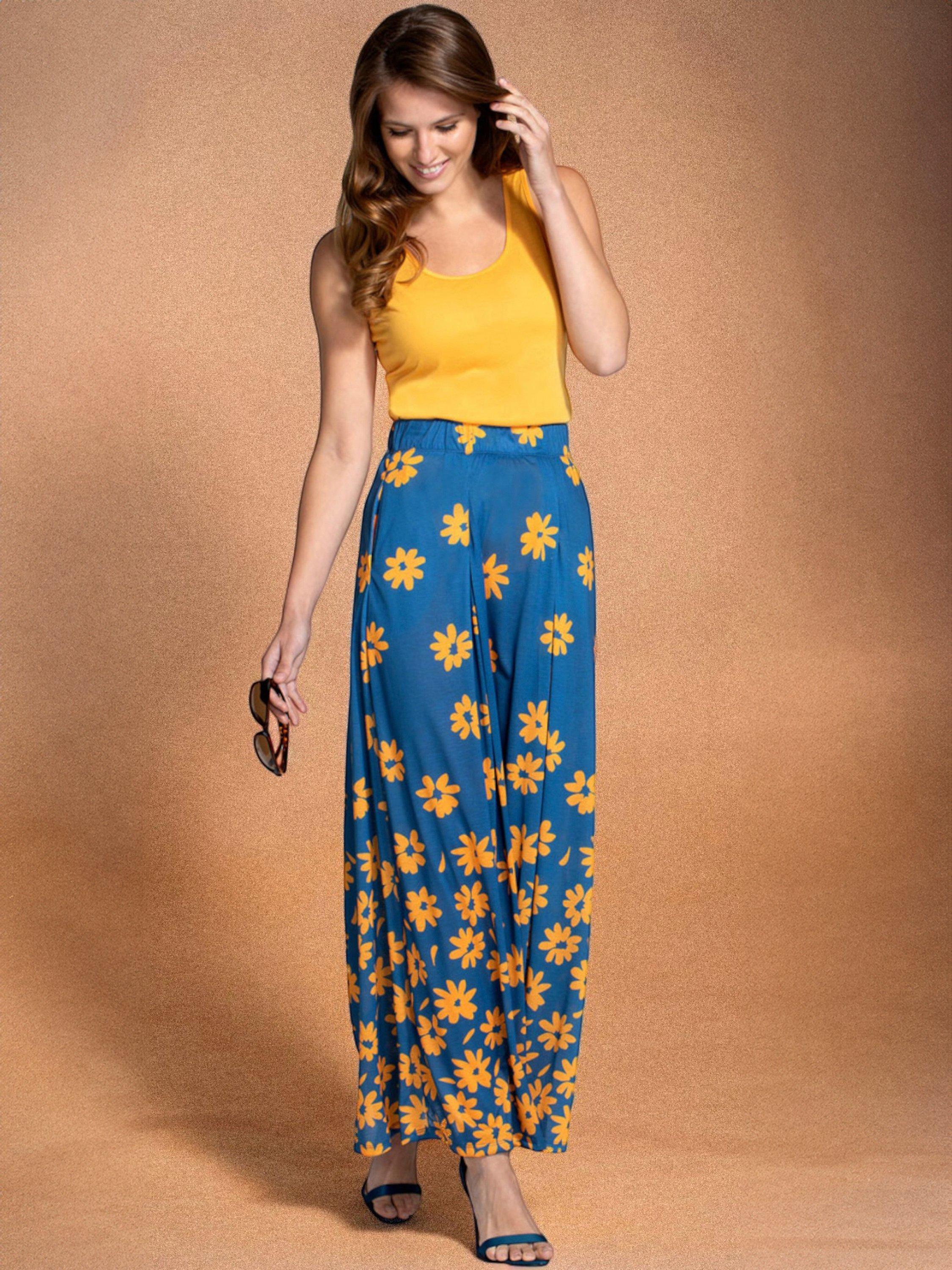 Product image 1 of 4, which shows HotSquash Box Pleat Daisy Print Maxi Skirt, Blue/Yellow, 8