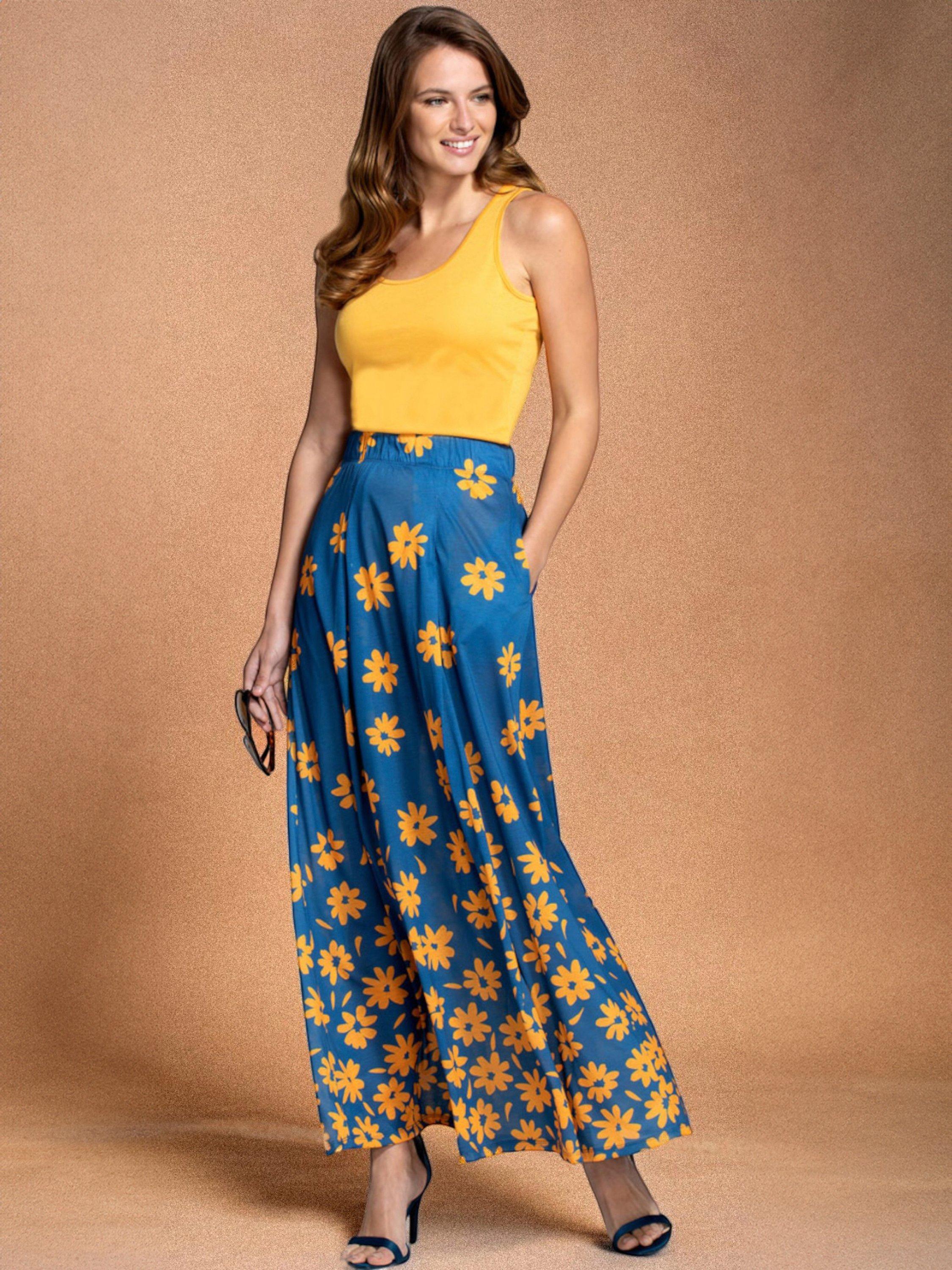 Product image 2 of 4, which shows HotSquash Box Pleat Daisy Print Maxi Skirt, Blue/Yellow, 8