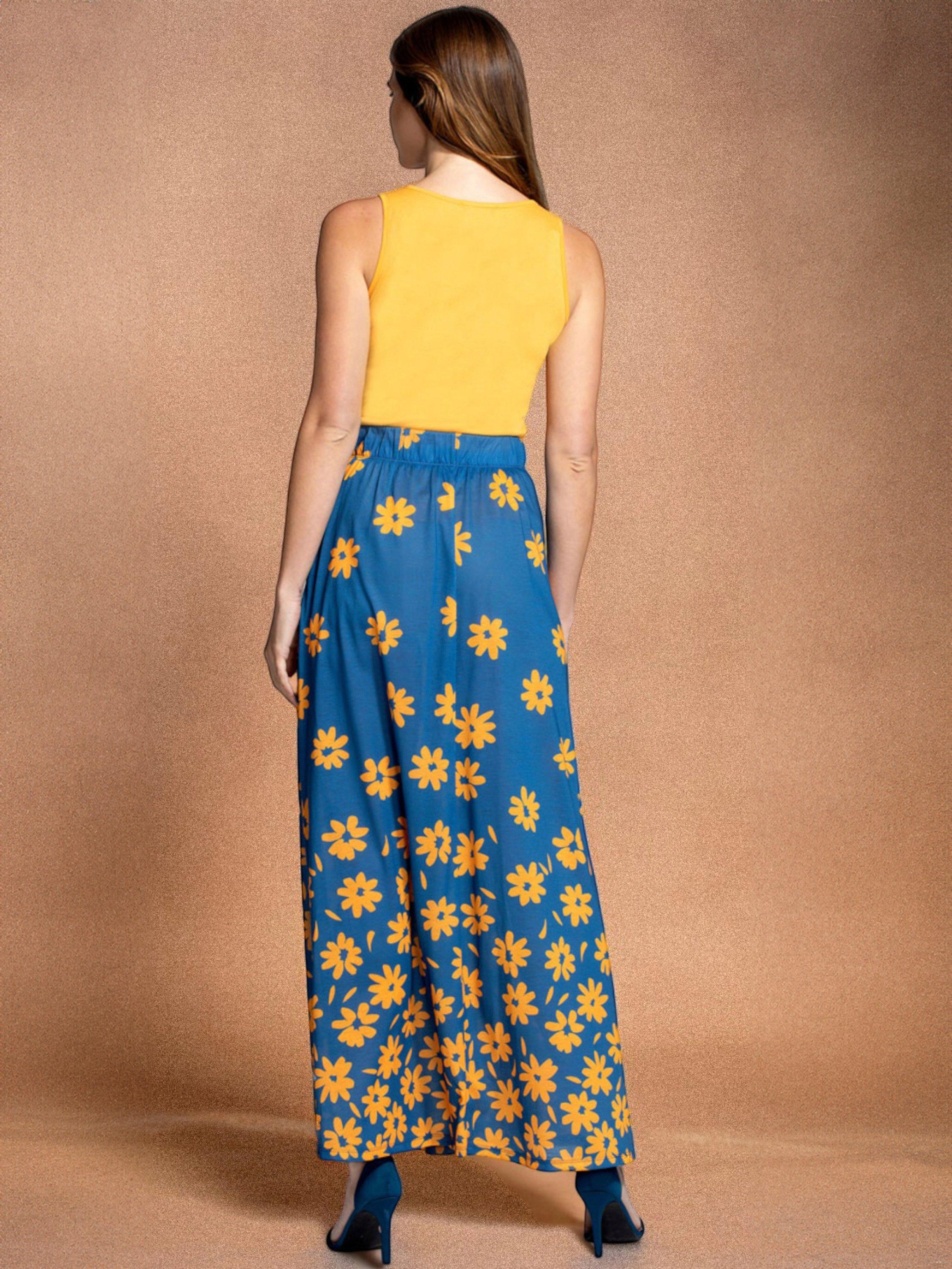 Product image 3 of 4, which shows HotSquash Box Pleat Daisy Print Maxi Skirt, Blue/Yellow, 8