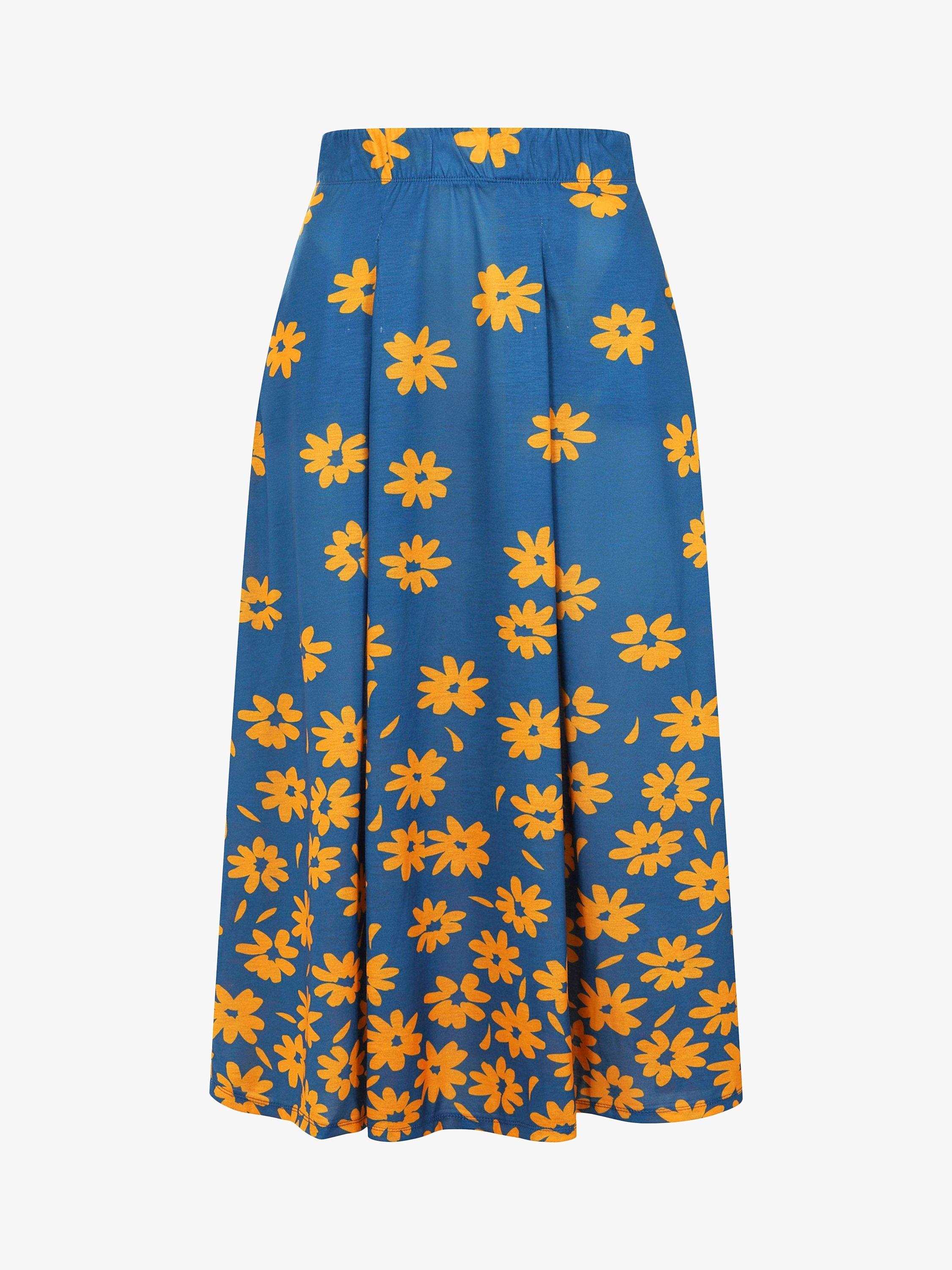 Product image 4 of 4, which shows HotSquash Box Pleat Daisy Print Maxi Skirt, Blue/Yellow, 8