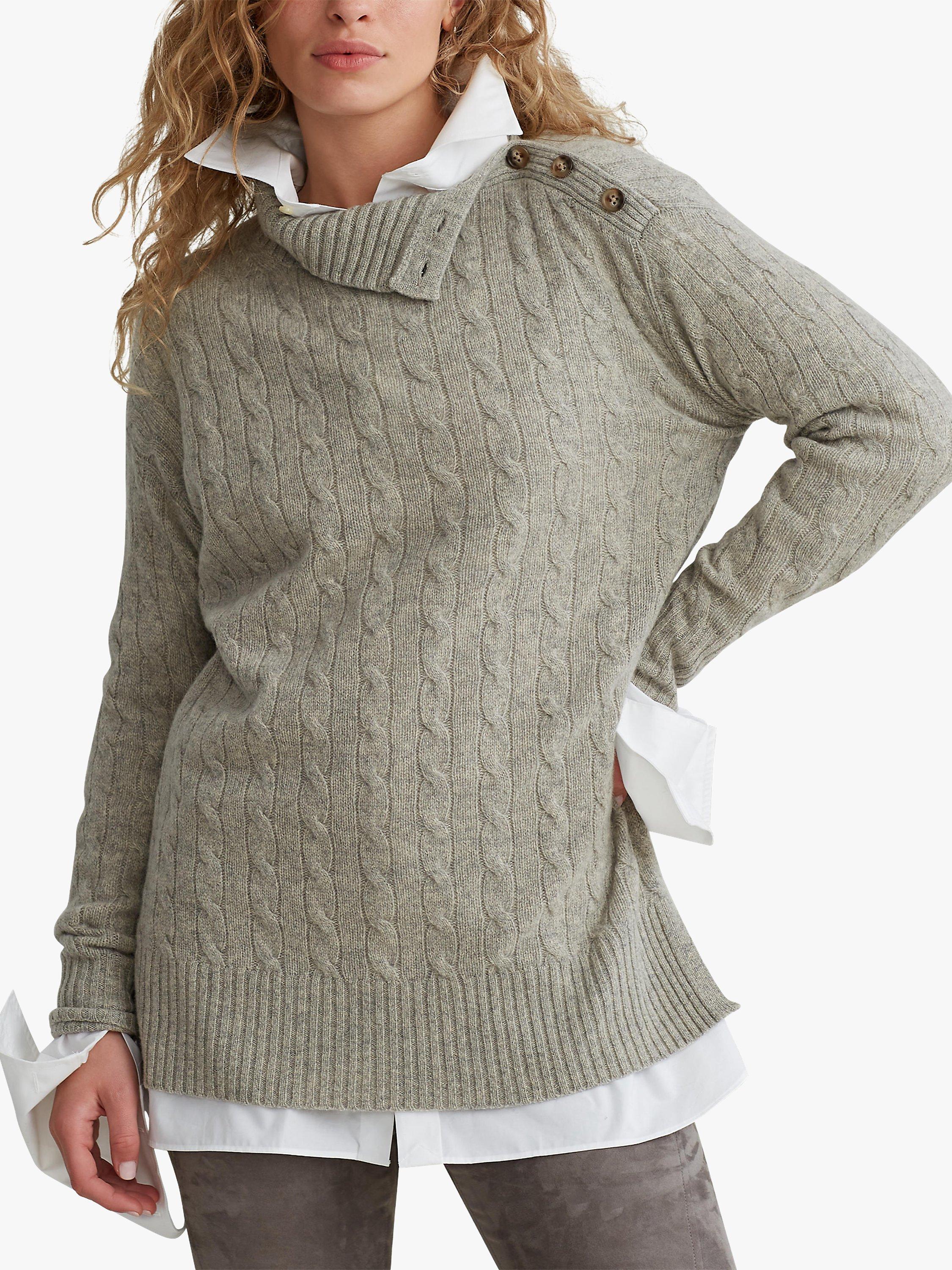 Polo Ralph Lauren Button Placket Cable Knit Cashmere Blend Jumper, Light Vintage Heather