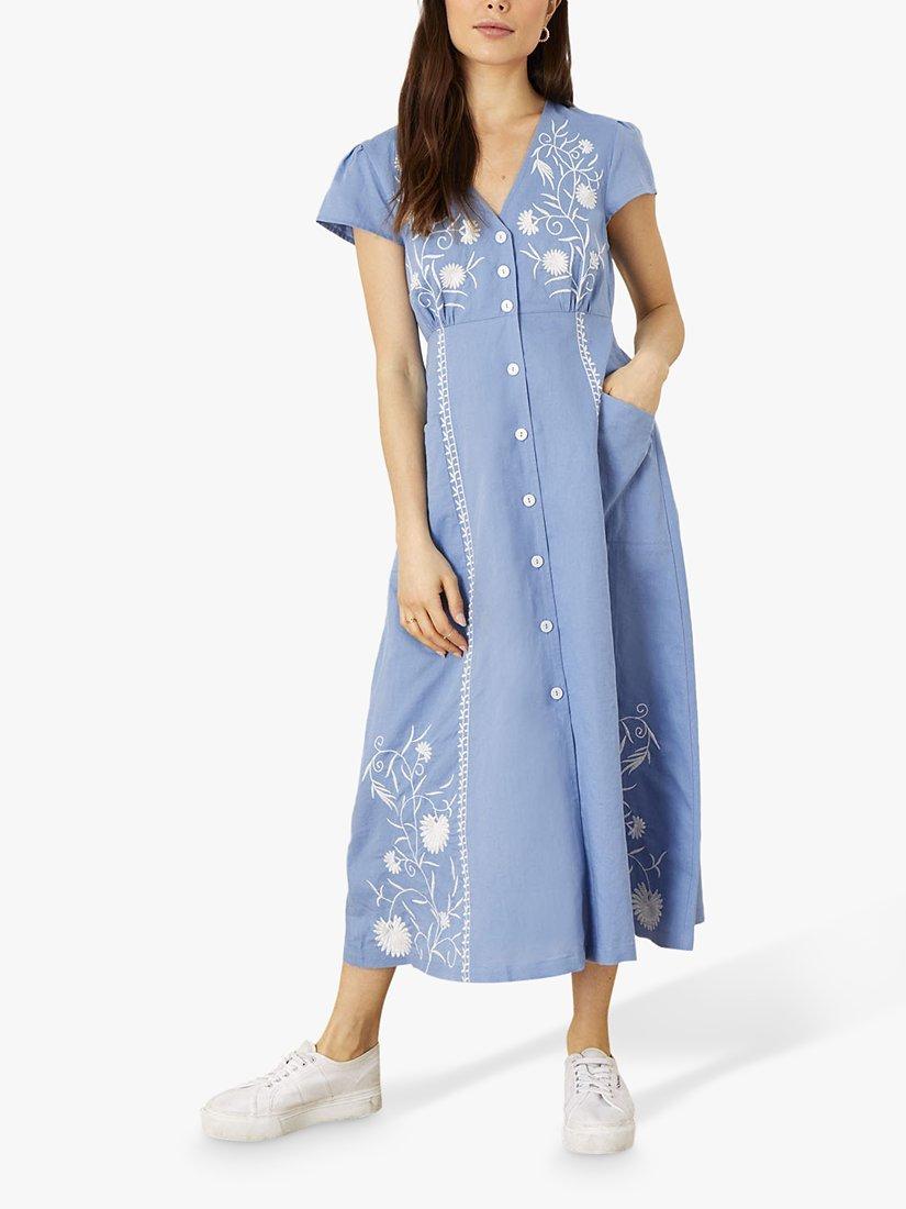 Monsoon Floral Embroidered Midi Dress, Blue, M