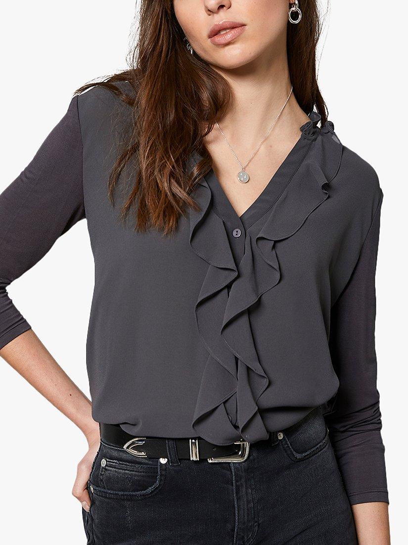 Mint Velvet Chiffon Ruffle Blouse, Charcoal