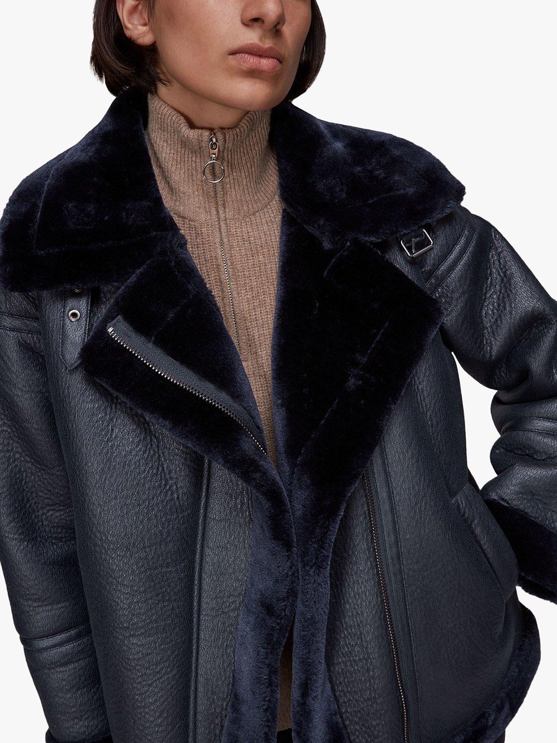 Whistles Lauren Faux Leather Biker Jacket, Navy