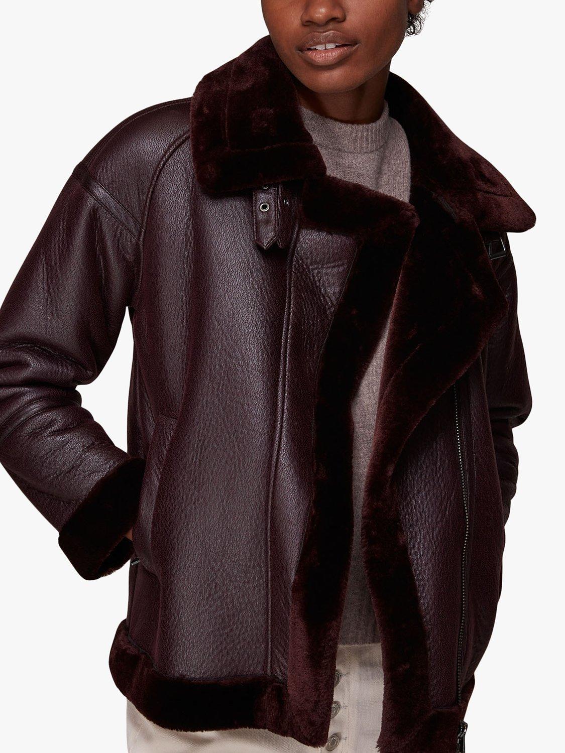 Whistles Lauren Faux Leather Biker Jacket, Burgundy