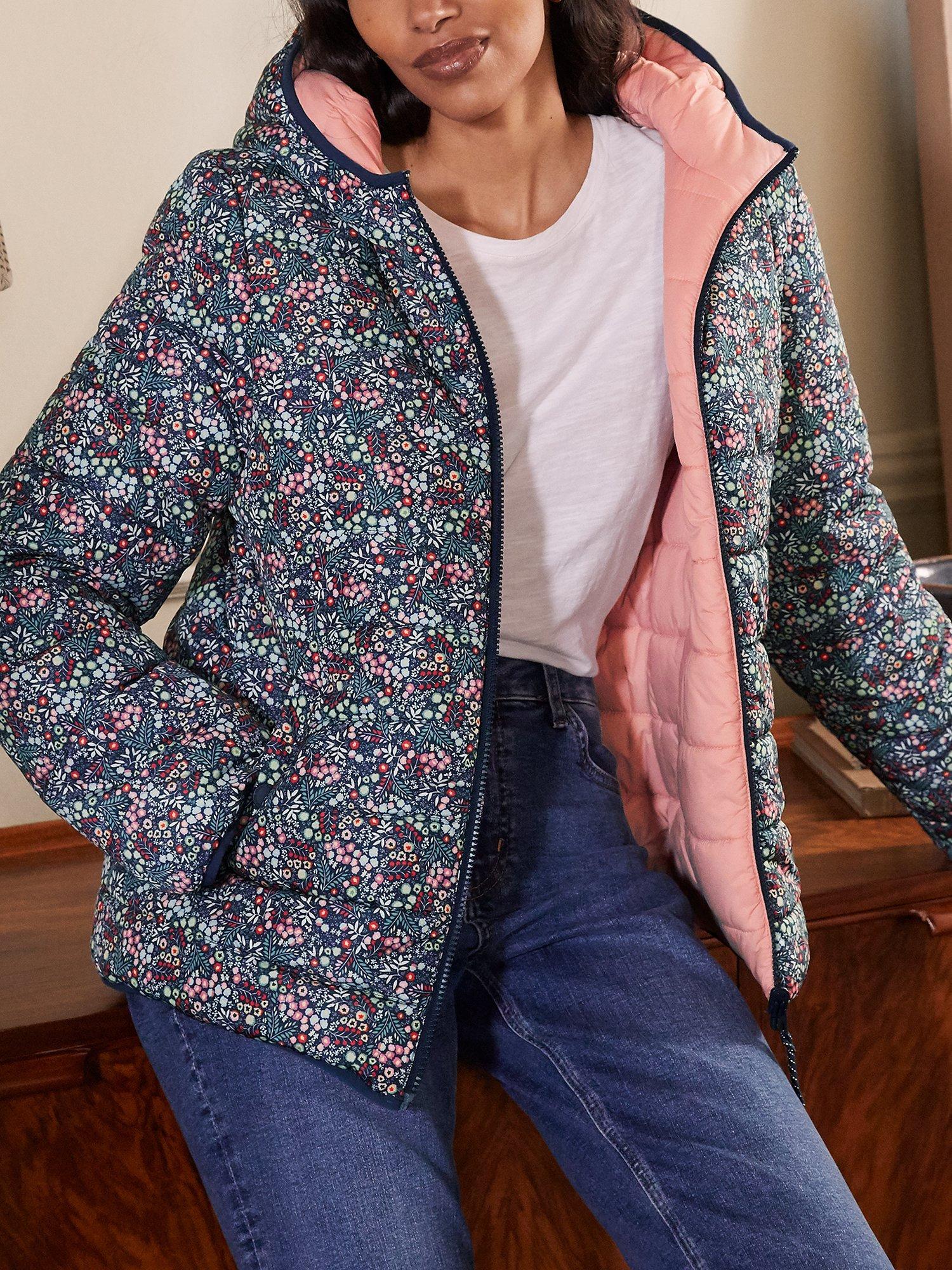 Boden Floral Print Reversible Puffer Jacket, Night Blue/Forest
