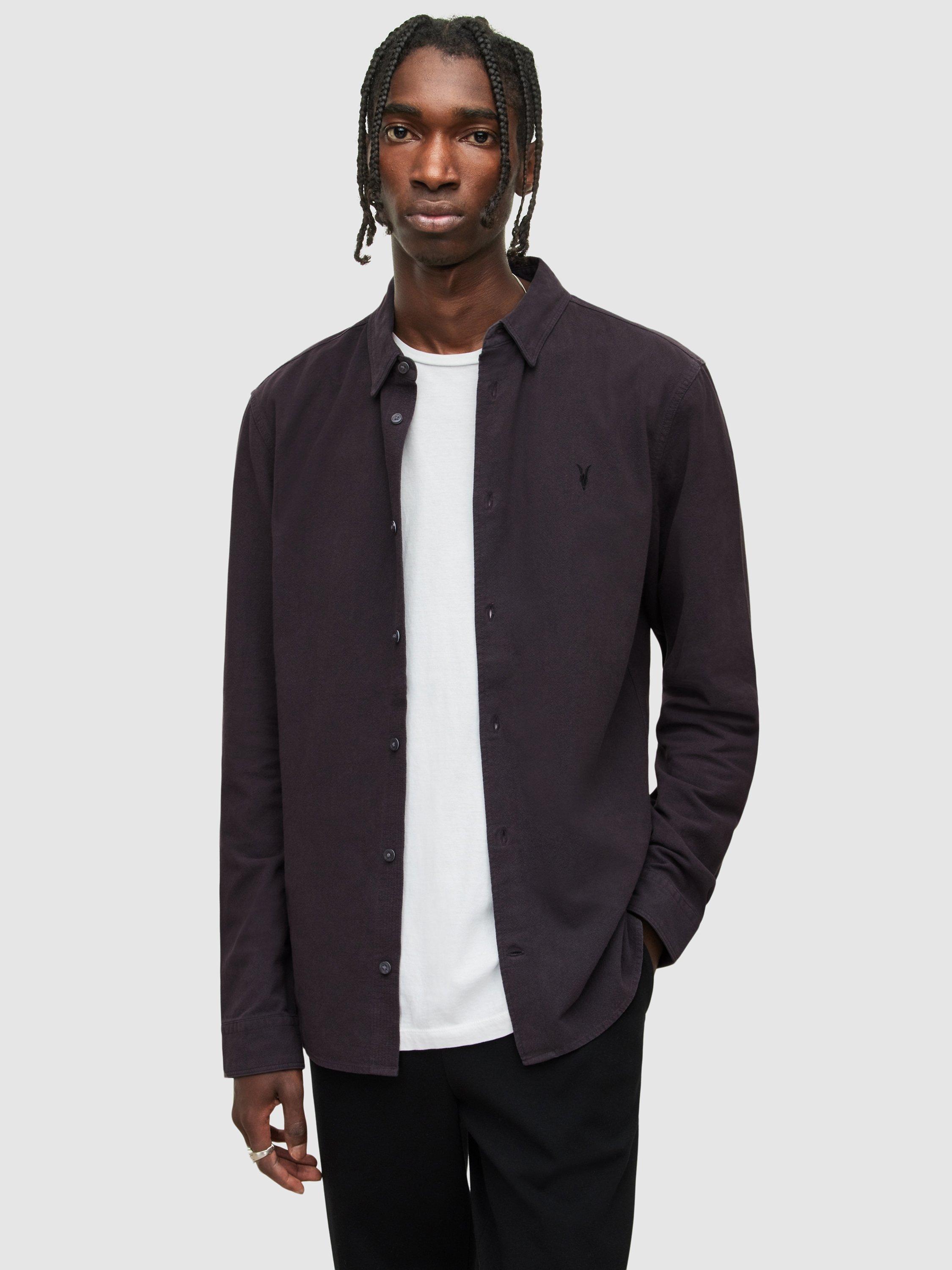 Product image 1 of 5, which shows AllSaints Lovell Slim Fit Long Sleeve Shirt, Washed Black, XS