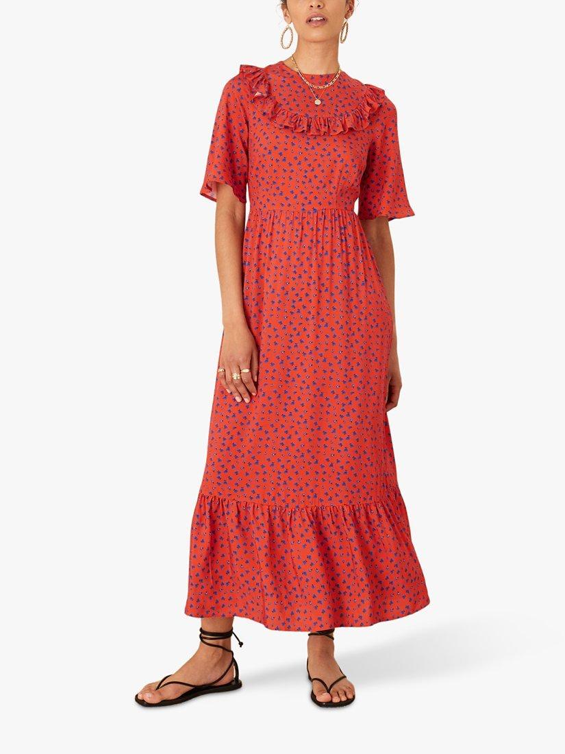 Monsoon Rhian Spot Print Ruffle Hem Maxi Dress, Red, 18