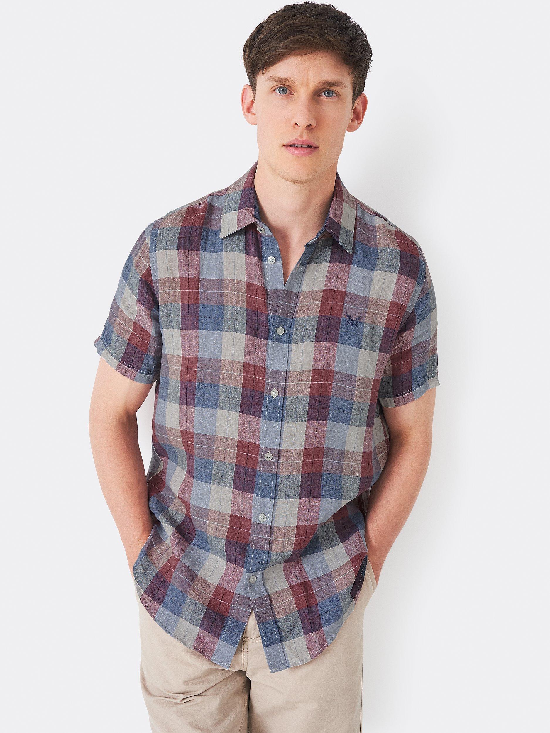Crew Clothing Short Sleeve Check Linen Shirt, Neutral