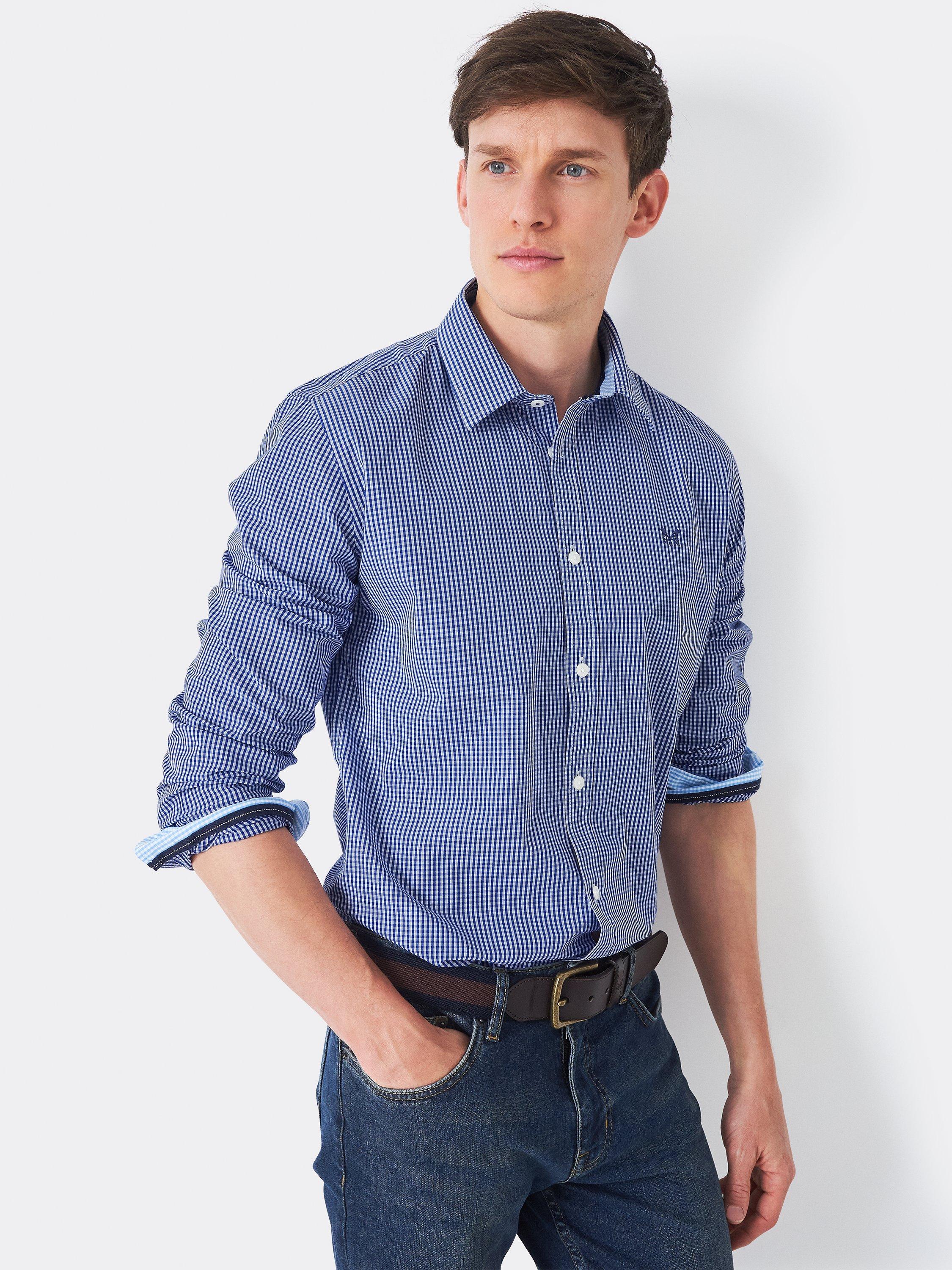 Product image 1 of 5, which shows Crew Clothing Slim Micro Gingham Shirt, Blue, XS