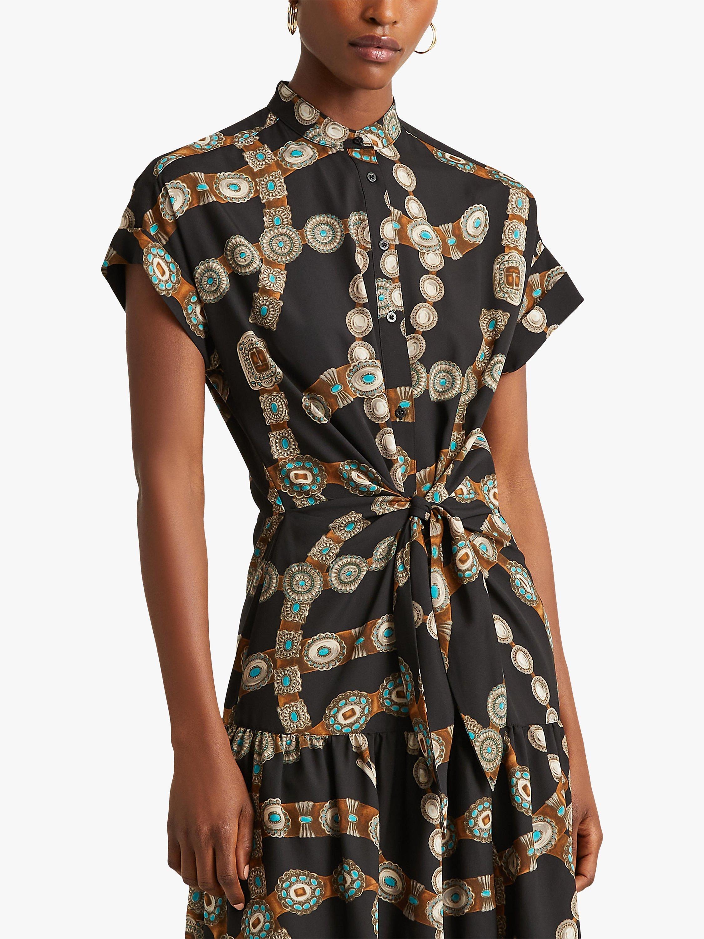 Lauren Ralph Lauren Yestin Belt Print Tiered Midi Shirt Dress, Polo Black/Multi