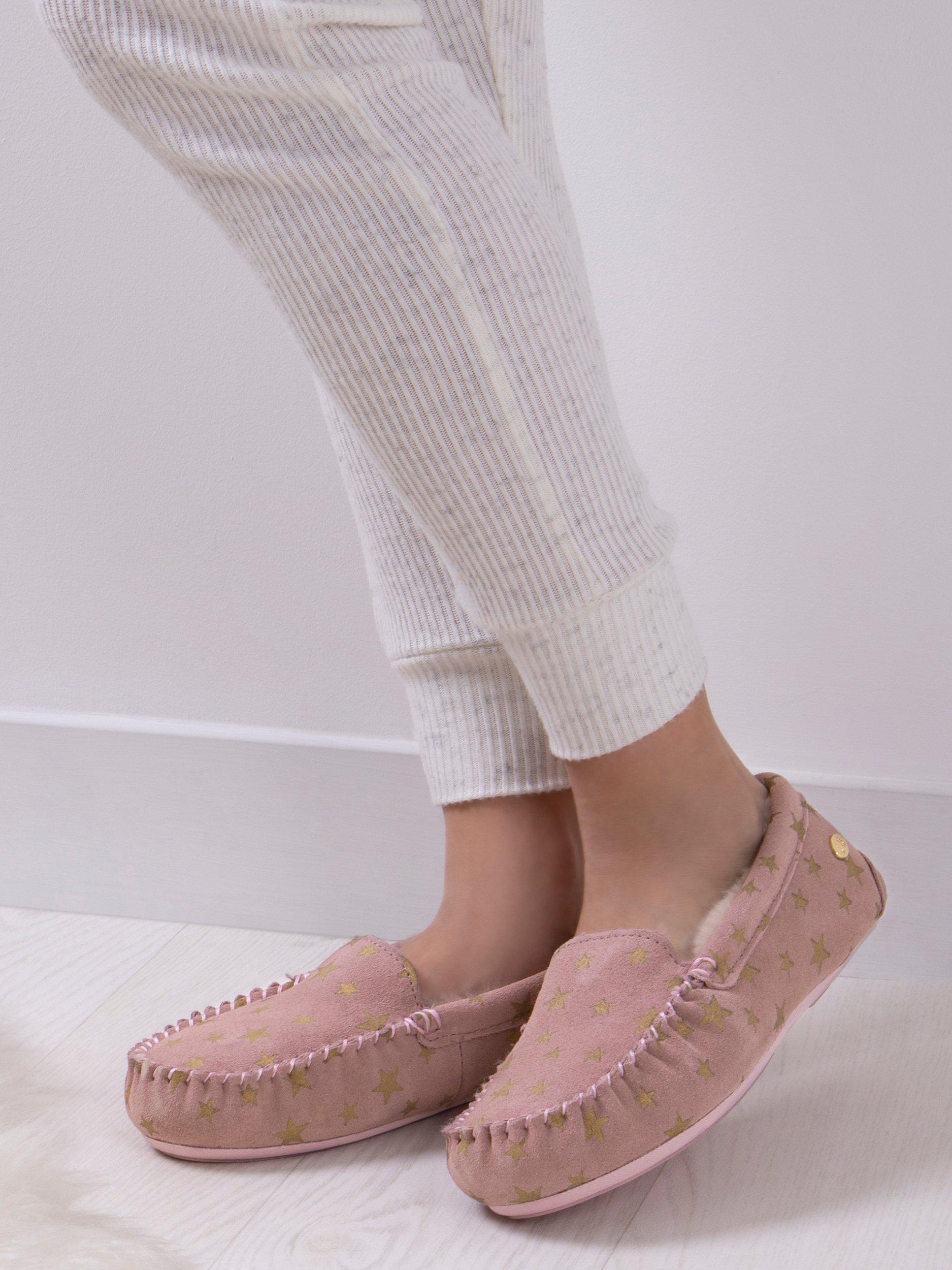 Product image 1 of 6, which shows Just Sheepskin Regent Star Suede Moccasin Slippers, Pink, 4