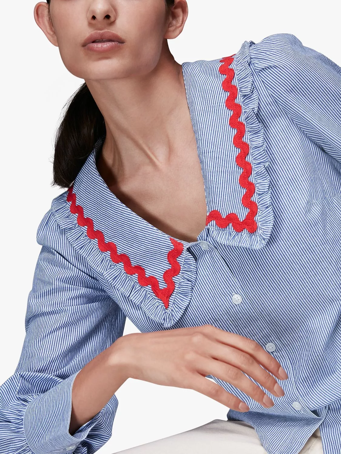 Whistles Ric Rac Detail Collar Blouse, Navy/White