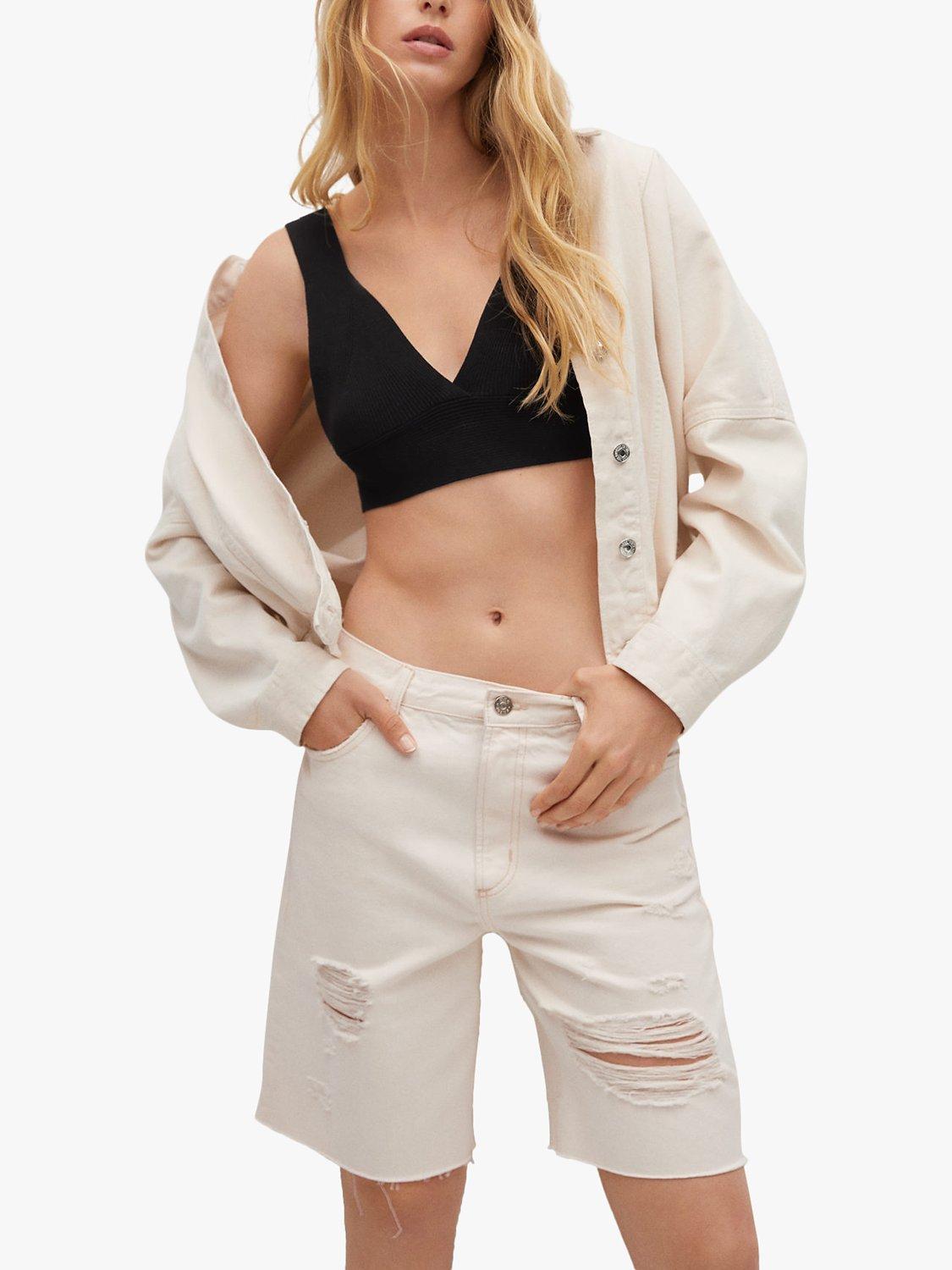 Mango High Waist Frayed Hem Denim Bermuda Shorts