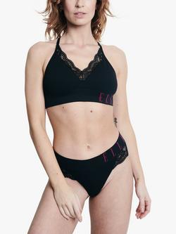 ELLE Seamless Rib Lace Trim Thong, Black
