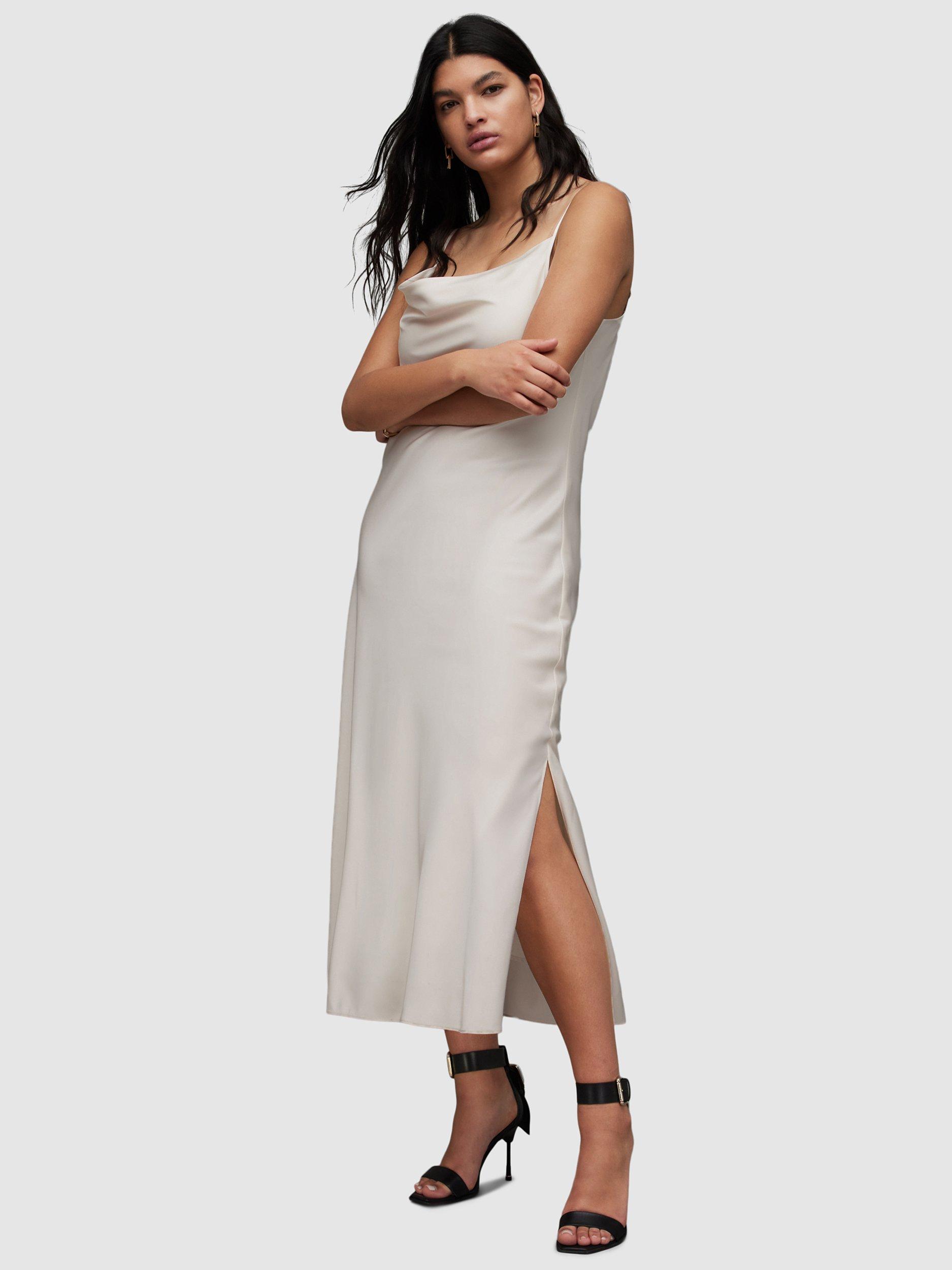 AllSaints Hadley Cowl Neck Midi Slip Dress, Arctic White, 12