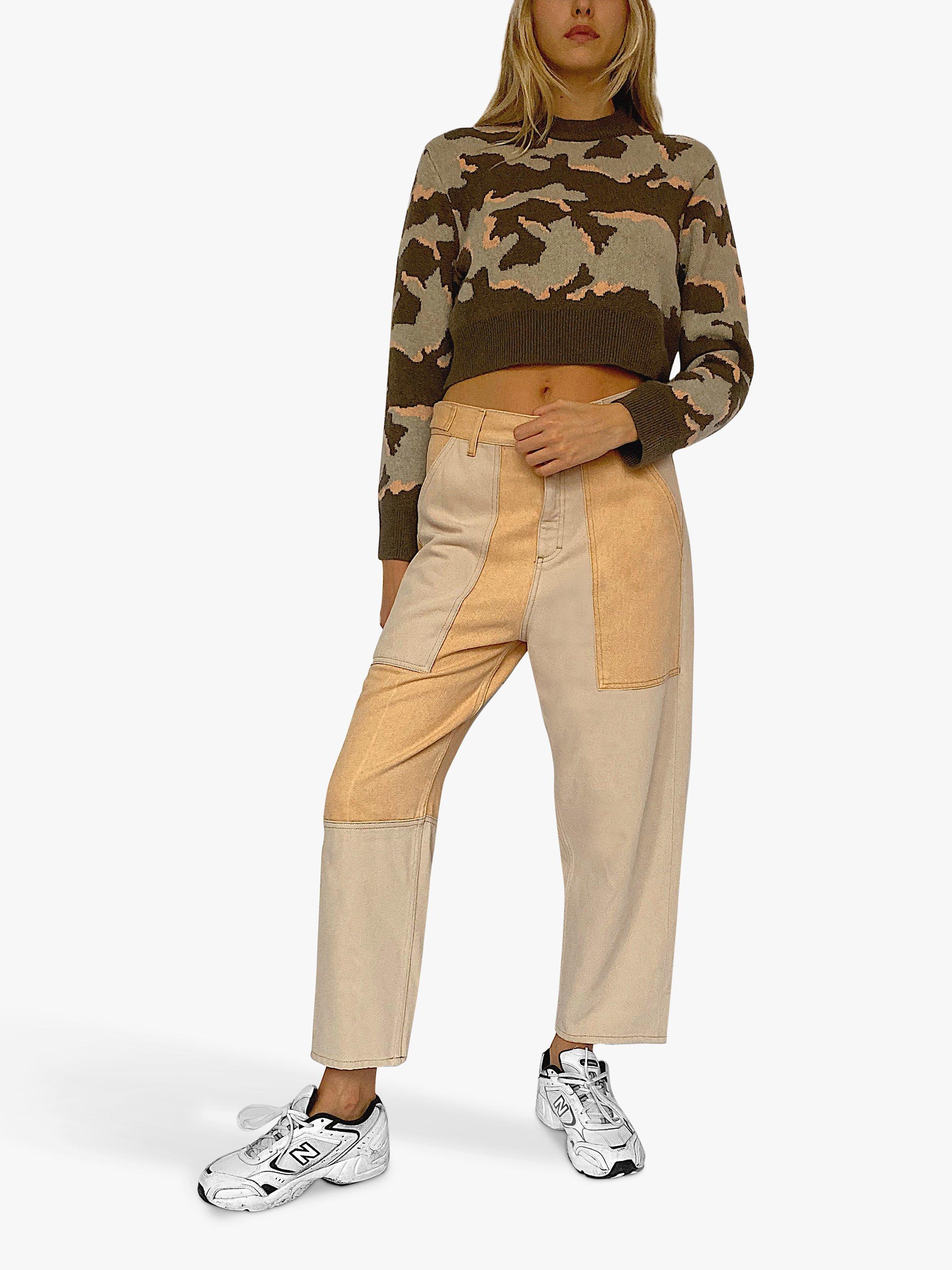 French Connection Kylah Camouflage Print Cropped Jumper, Khaki/Multi