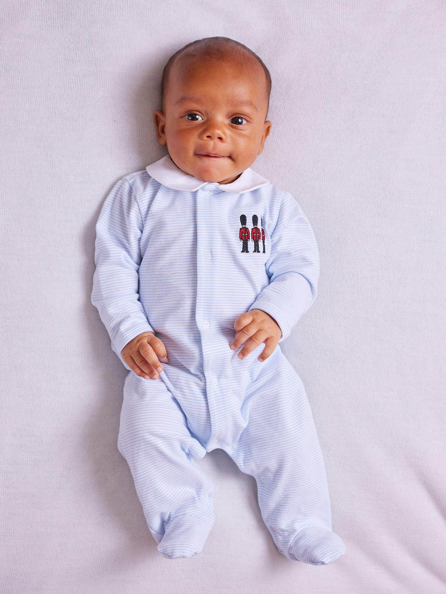 Product image 1 of 9, which shows Trotters Lapinou Baby Hugo Organic Cotton Jersey Bodysuit, Pale Blue/White Stripe, Newborn
