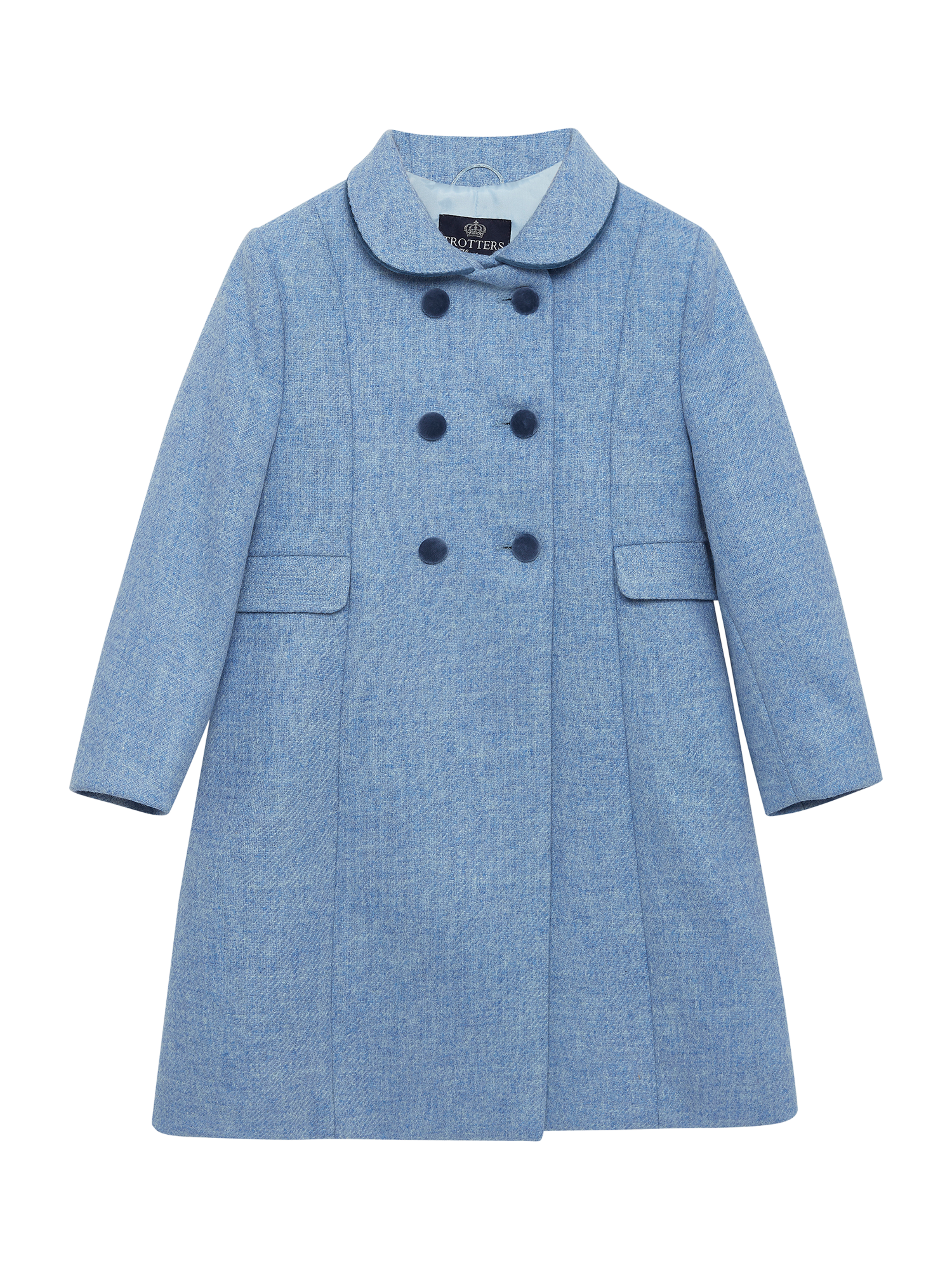 Product image 1 of 7, which shows Trotters Heritage Kids' Classic Longline Double Breasted Coat, Pale Blue, 4 years