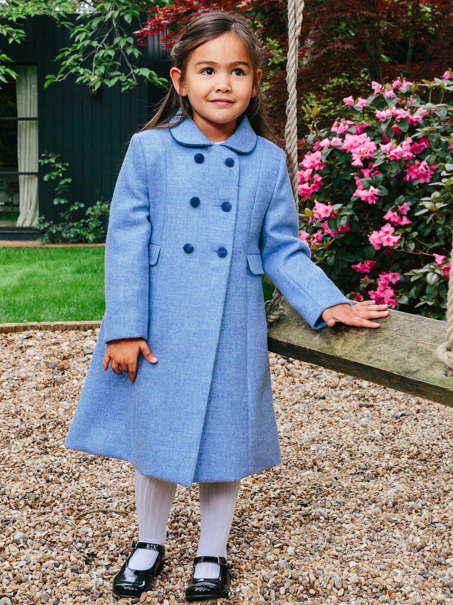 Product image 5 of 7, which shows Trotters Heritage Kids' Classic Longline Double Breasted Coat, Pale Blue, 4 years