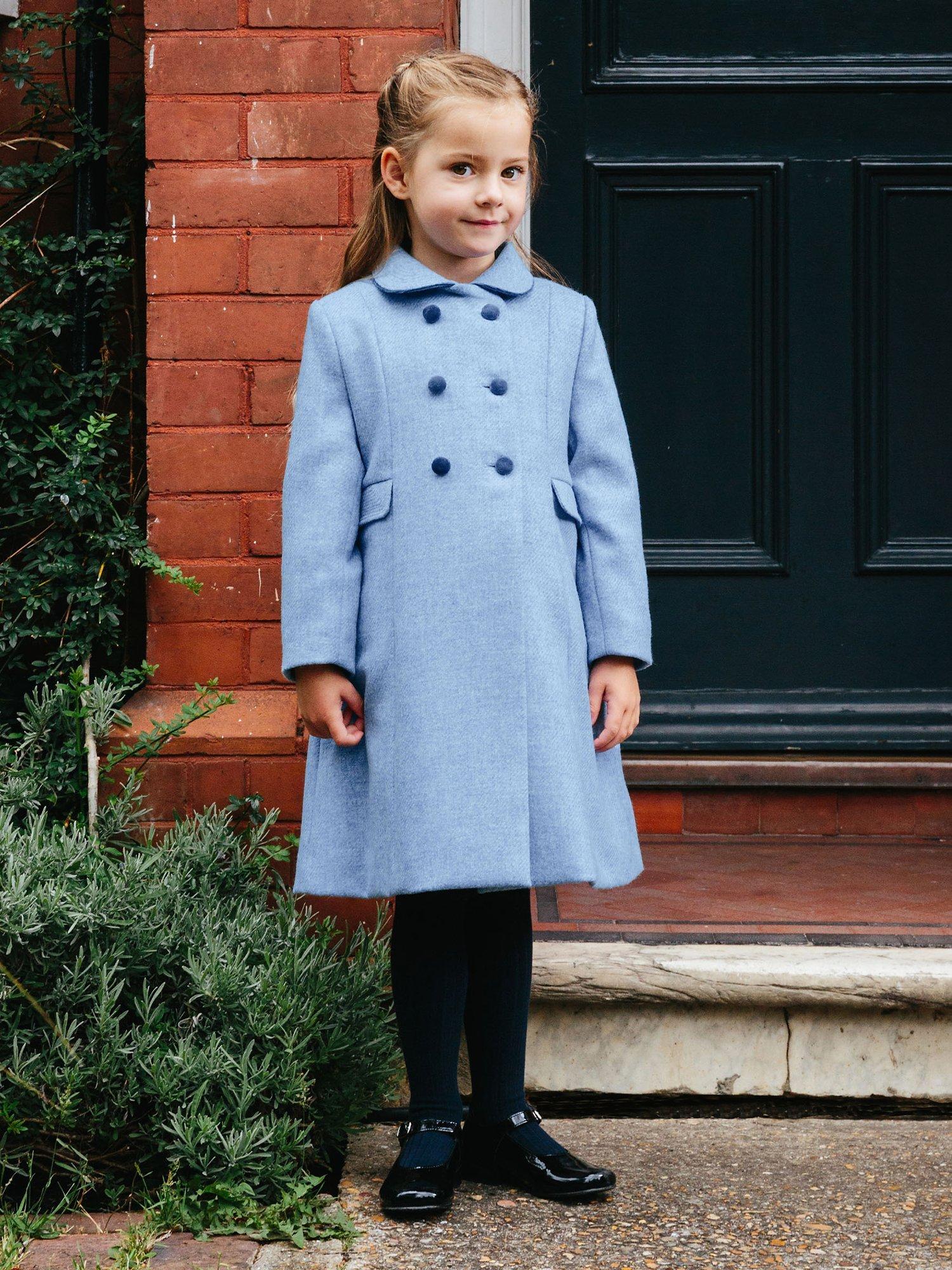 Product image 6 of 7, which shows Trotters Heritage Kids' Classic Longline Double Breasted Coat, Pale Blue, 4 years