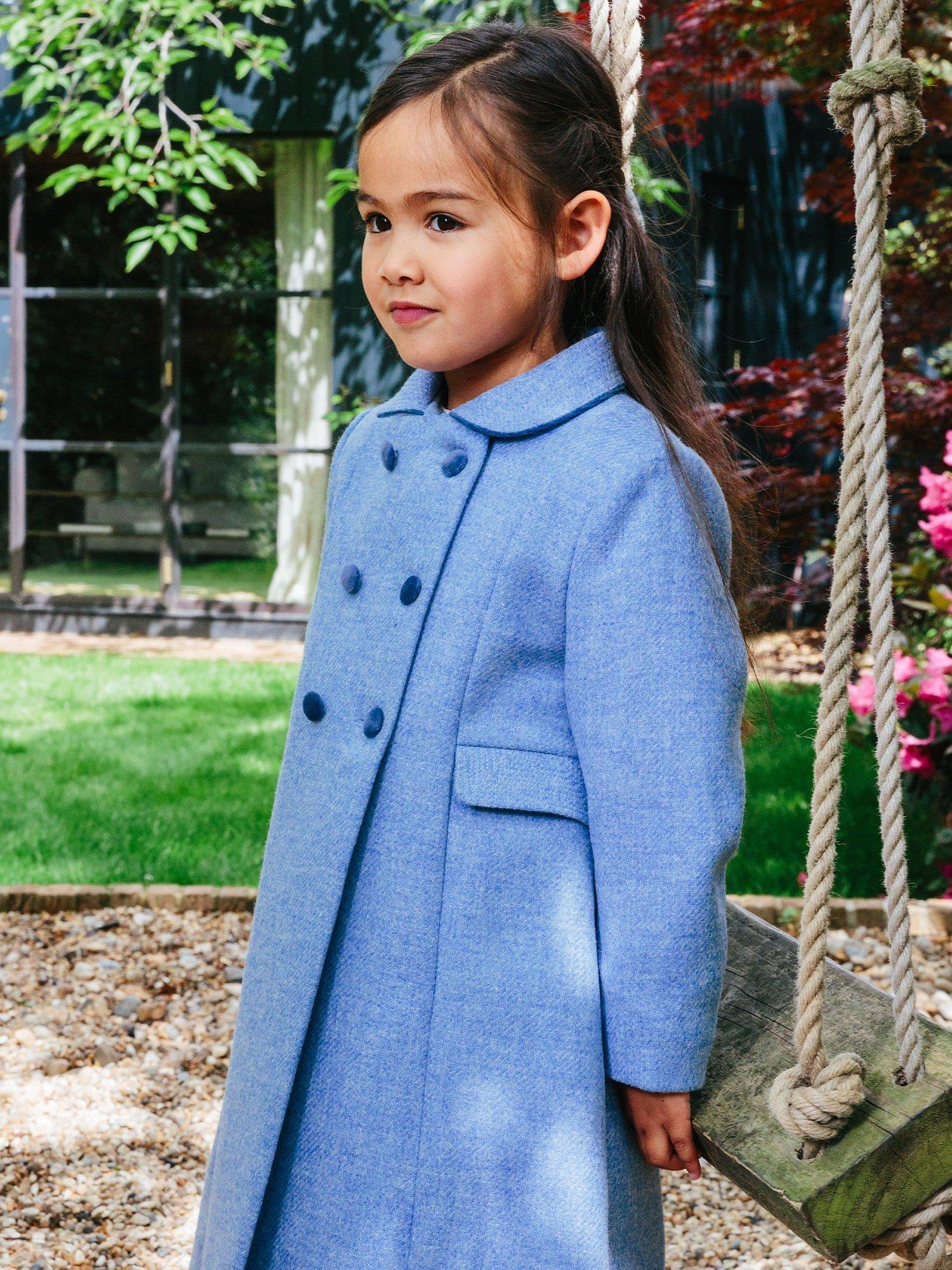 Product image 4 of 7, which shows Trotters Heritage Kids' Classic Longline Double Breasted Coat, Pale Blue, 4 years