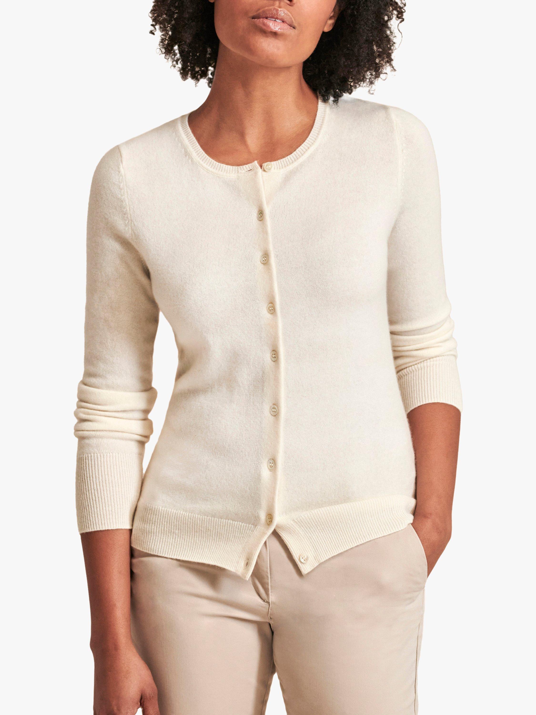 Product image 1 of 3, which shows Pure Collection Crew Neck Cashmere Cardigan, Soft White, 8