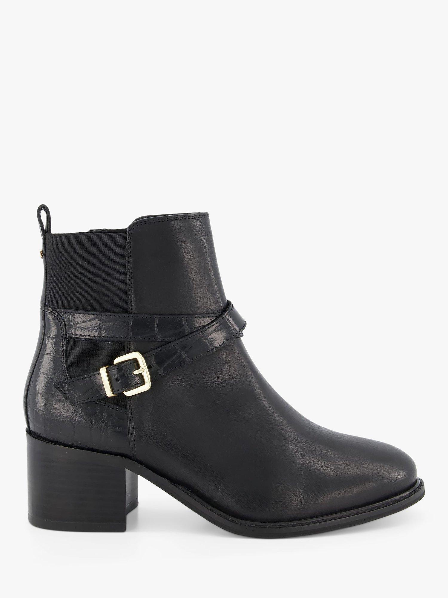 Dune Poet Leather Buckle Heeled Ankle Boots, Black