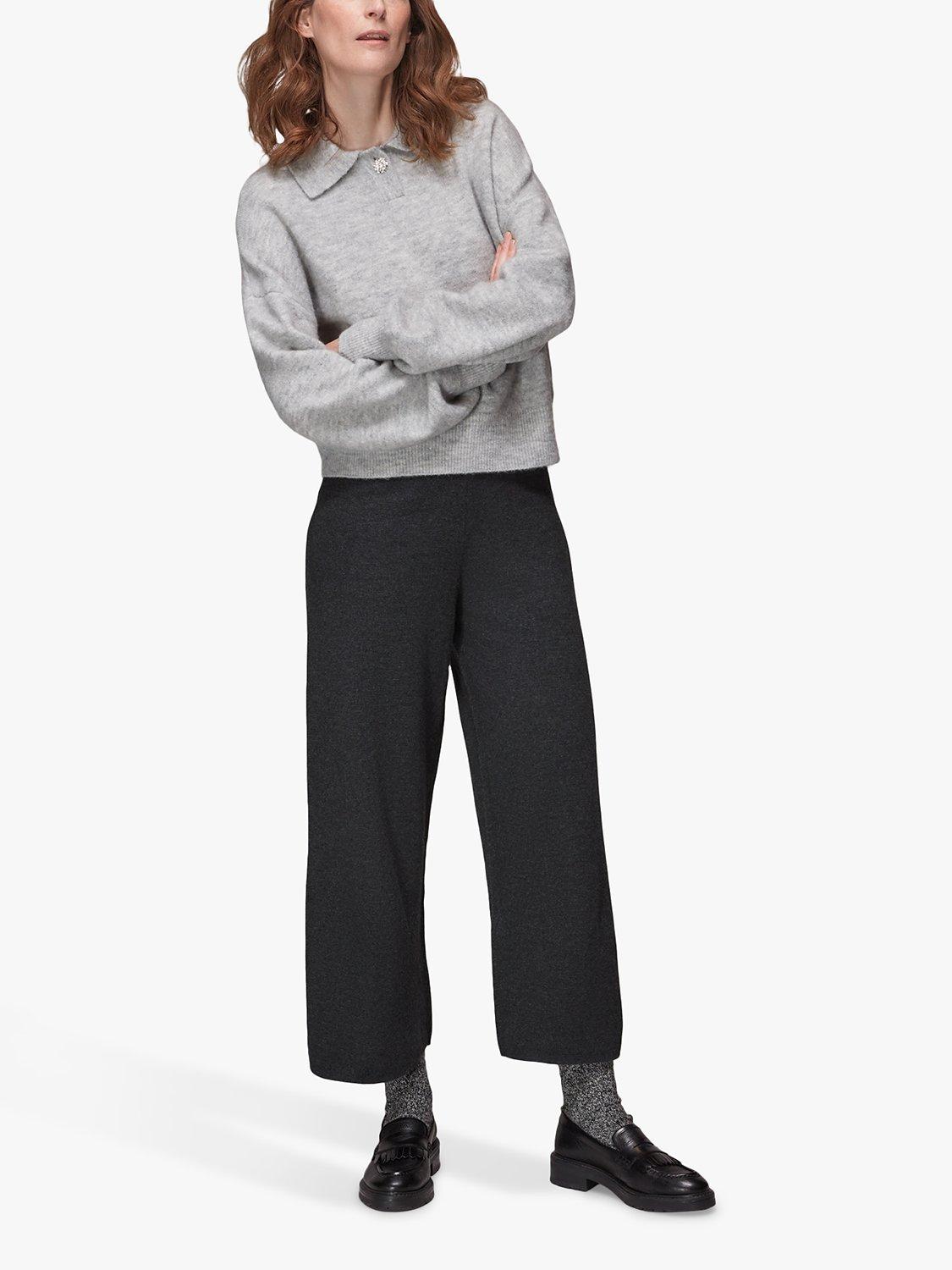 Whistles Knitted Wide Leg Trousers, Grey Marl