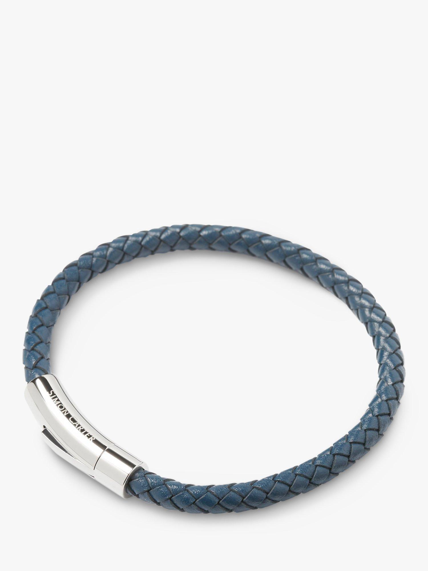 Simon Carter Newquay Men's Braided Leather Bracelet, Navy, One size