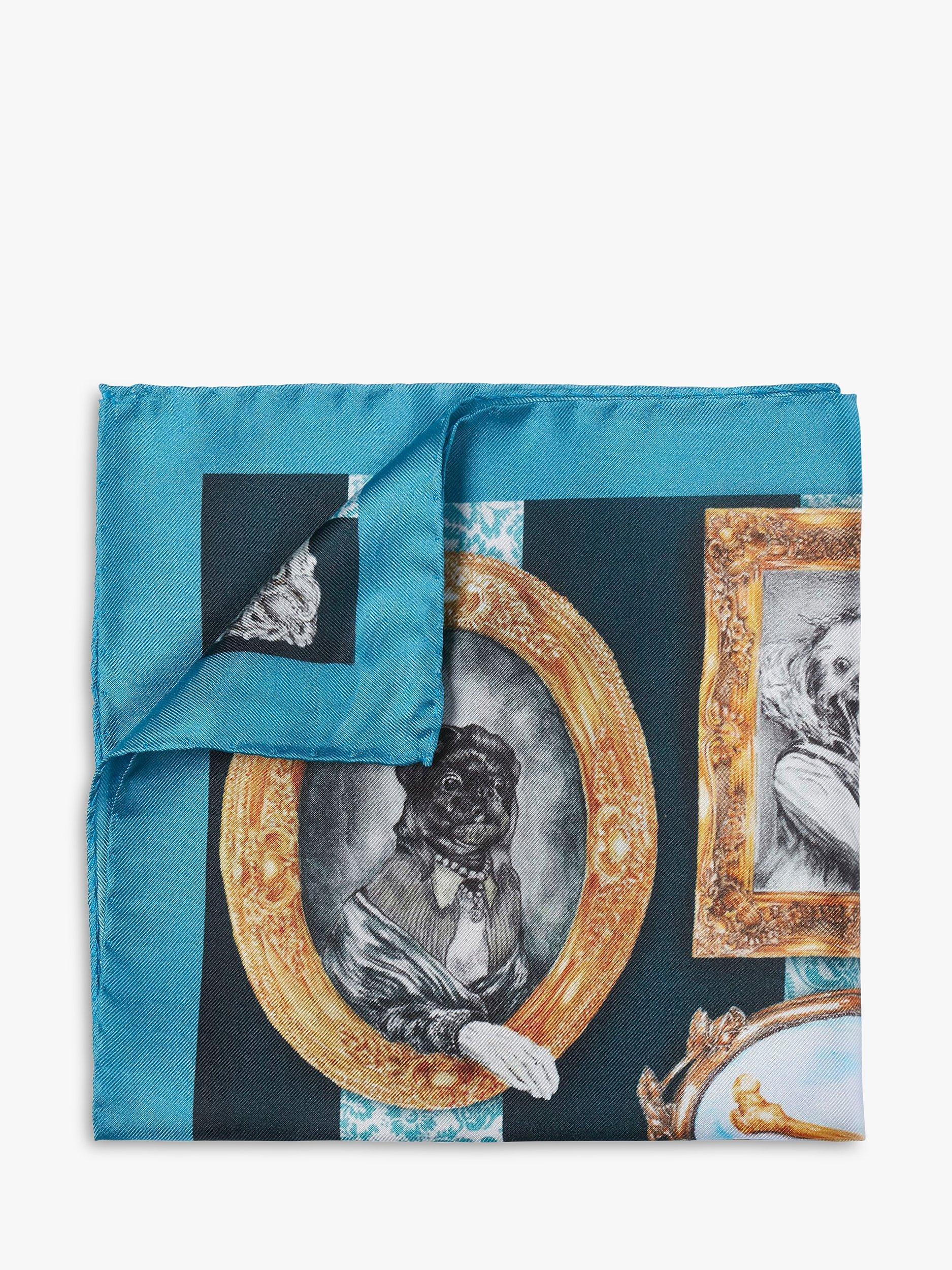 Product image 1 of 3, which shows Simon Carter Italian Silk Victorian Dogs Print Pocket Square, Blue/Multi