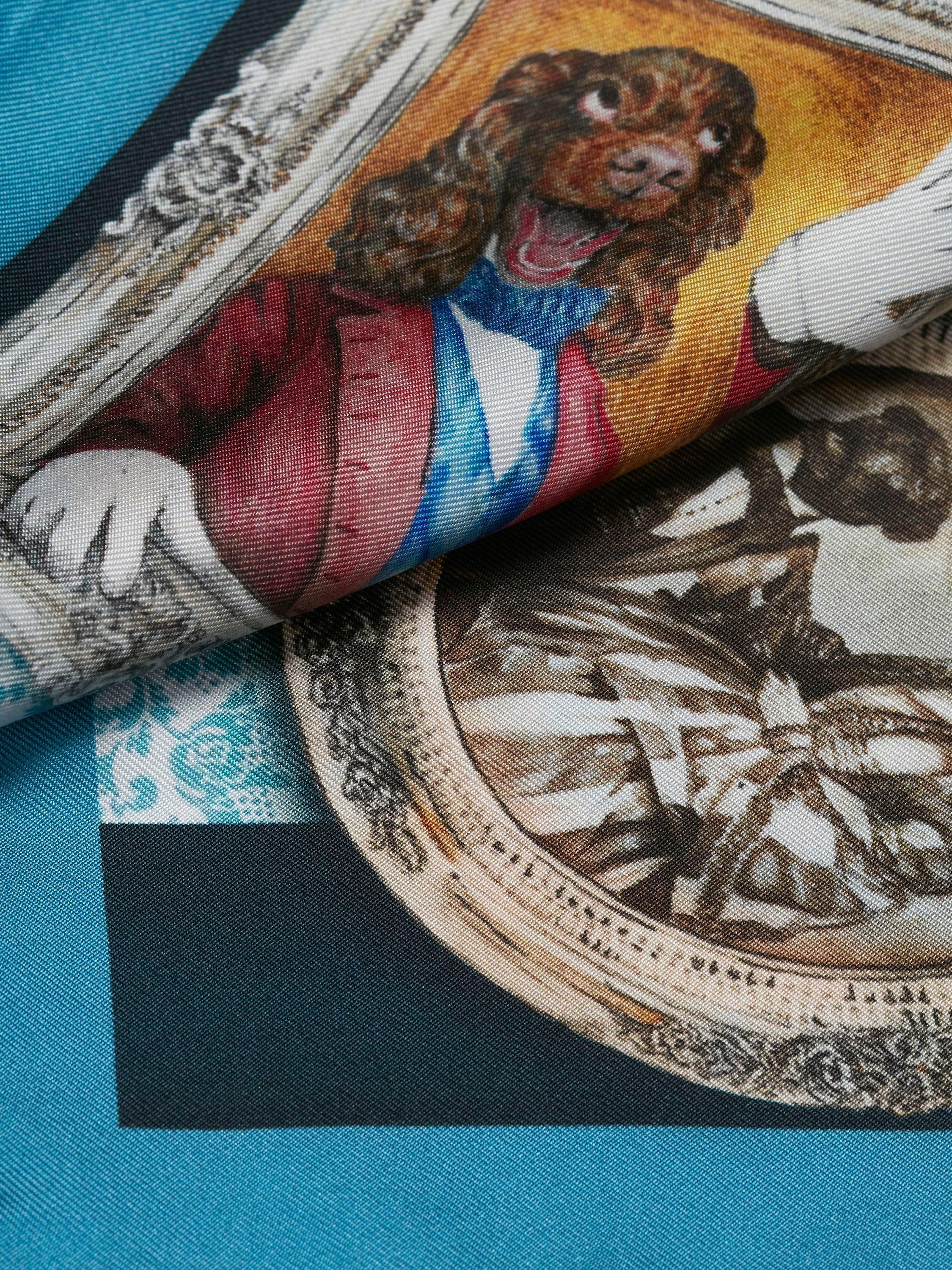 Product image 2 of 3, which shows Simon Carter Italian Silk Victorian Dogs Print Pocket Square, Blue/Multi