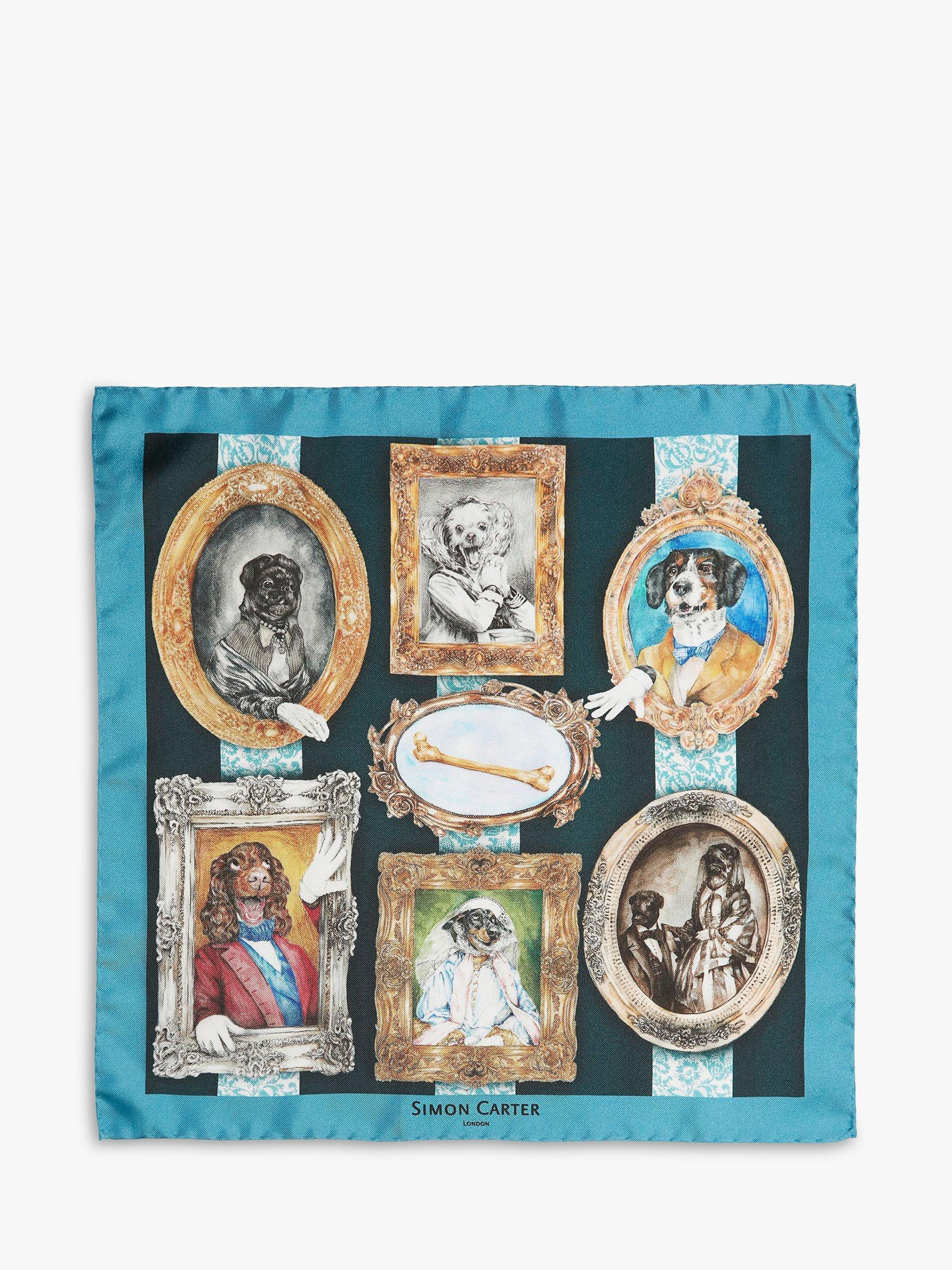 Product image 3 of 3, which shows Simon Carter Italian Silk Victorian Dogs Print Pocket Square, Blue/Multi