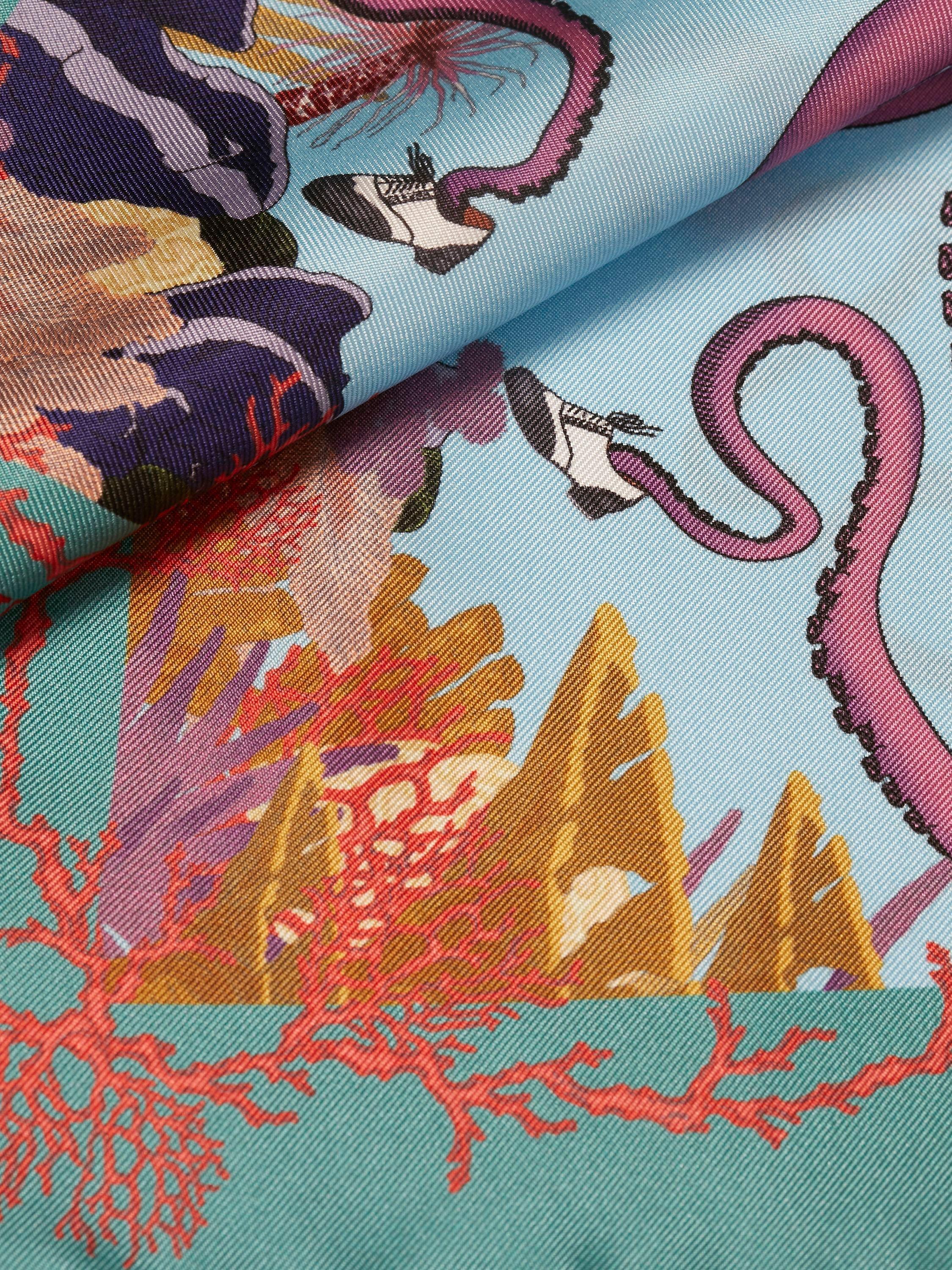 Product image 2 of 3, which shows Simon Carter Italian Silk Octopus Print Pocket Square, Blue/Multi