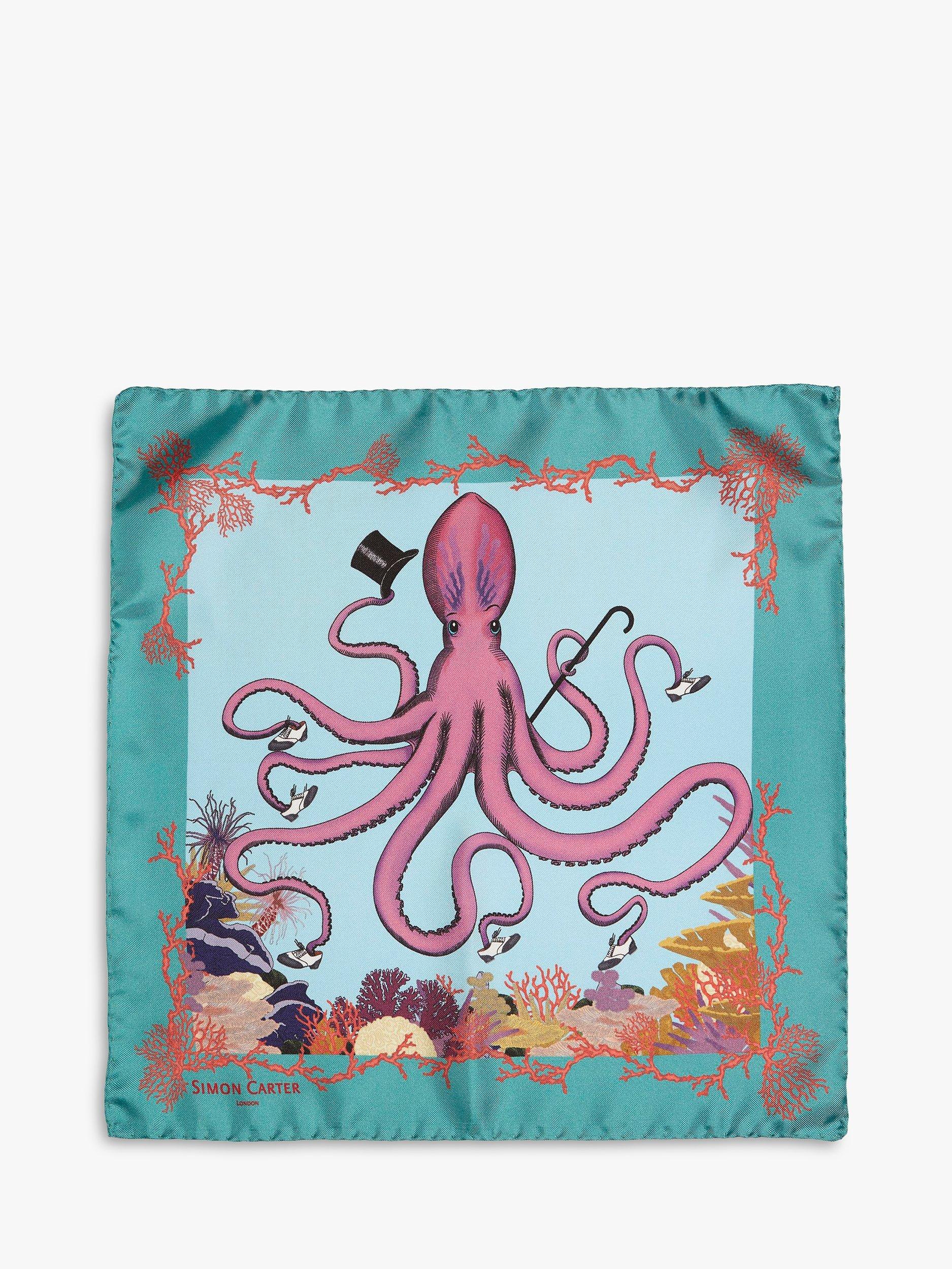 Product image 3 of 3, which shows Simon Carter Italian Silk Octopus Print Pocket Square, Blue/Multi