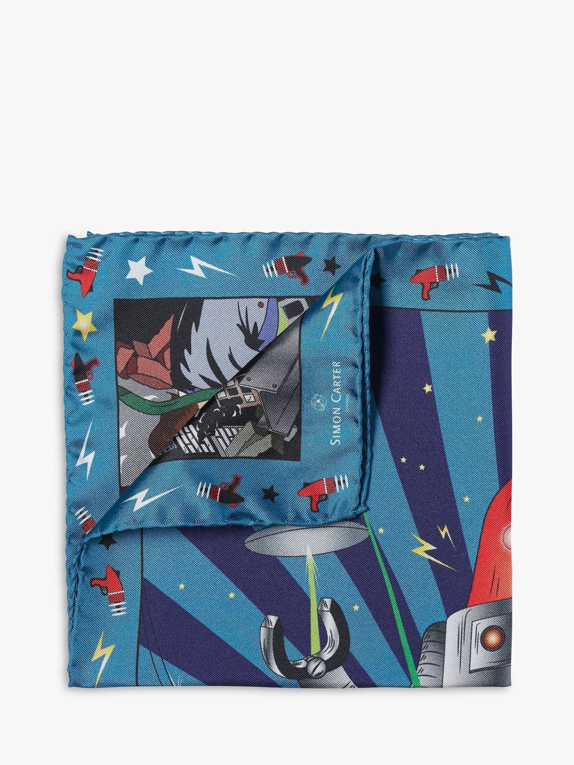 Simon Carter Italian Silk Robot Print Pocket Square, Blue/Multi
