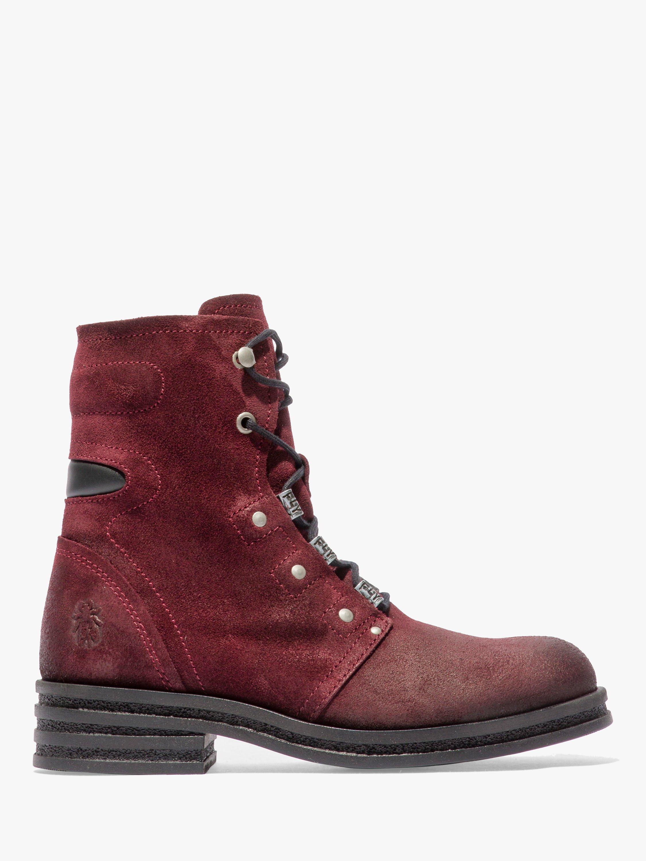 Fly London Knot Suede Lace Up Biker Boots Wine