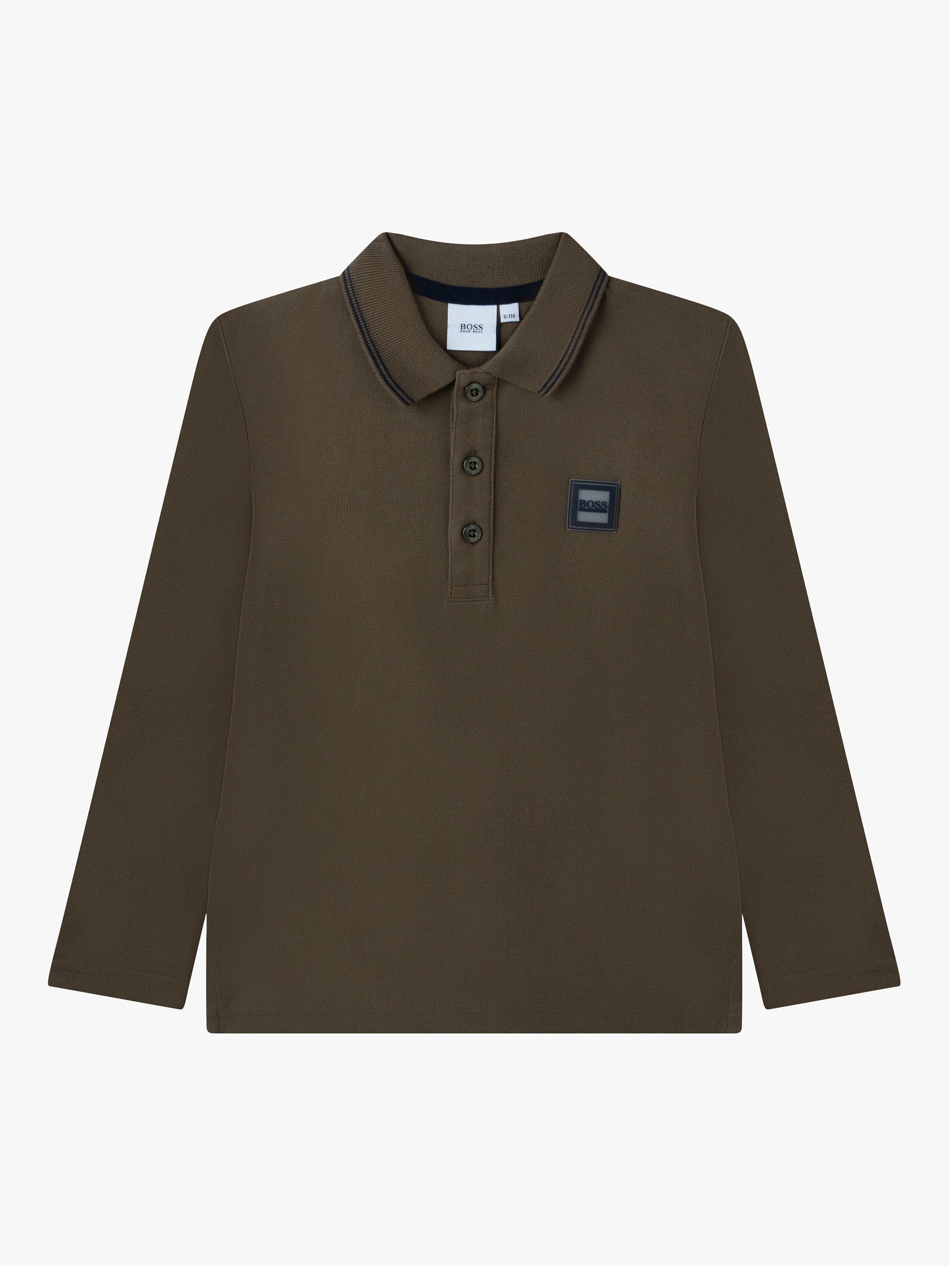 Product image 1 of 3, which shows HUGO BOSS Kids' Long Sleeve Pique Cotton Polo Shirt, Khaki, 6 months