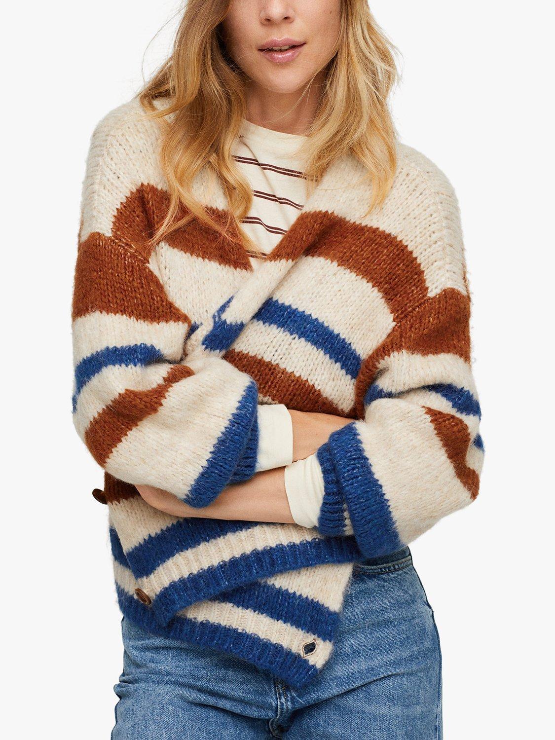 Mango Rayin Striped Cardigan, Light Beige/Multi