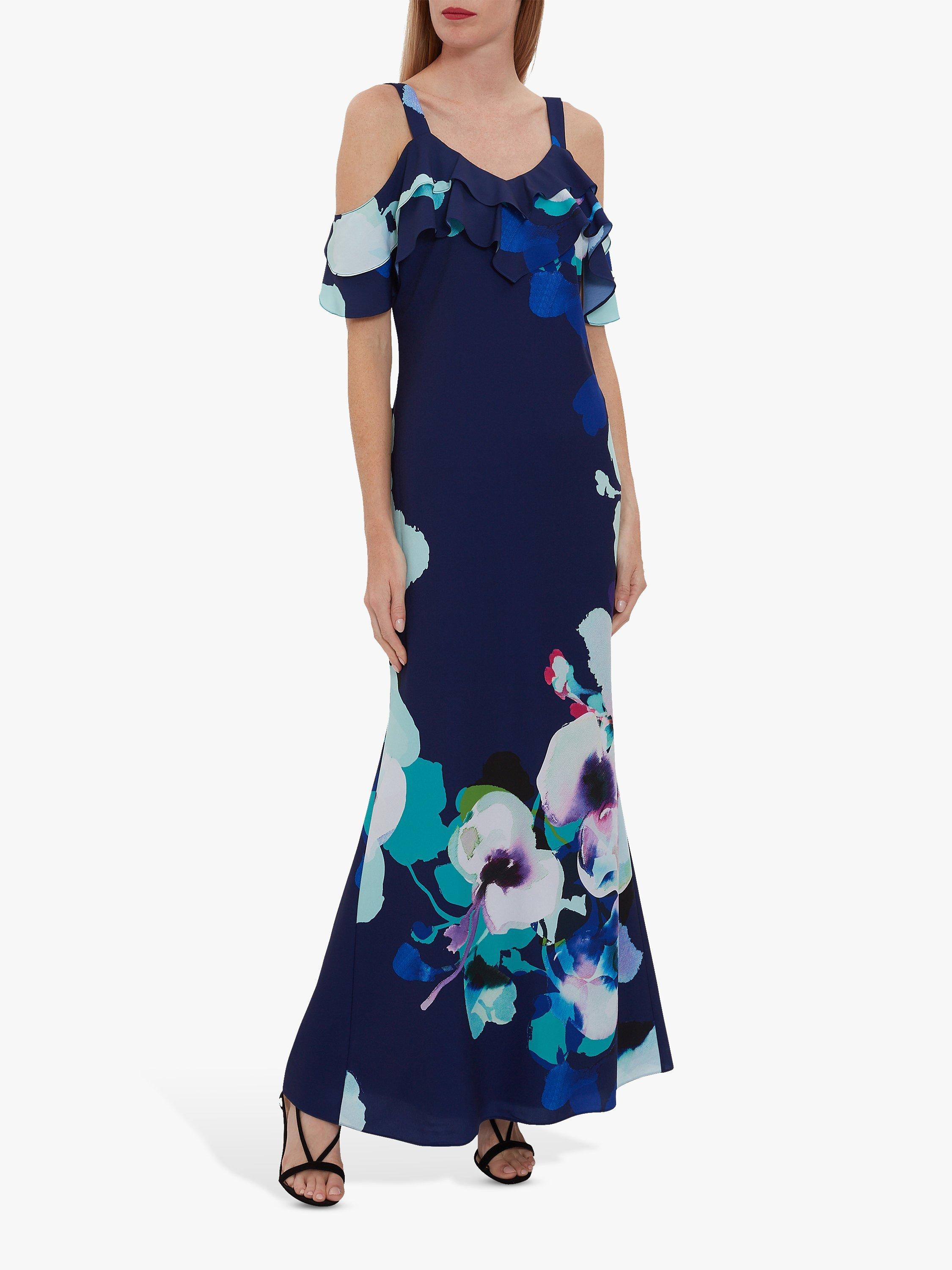 Gina Bacconi Gilyn Floral Frill Maxi Dress, Navy