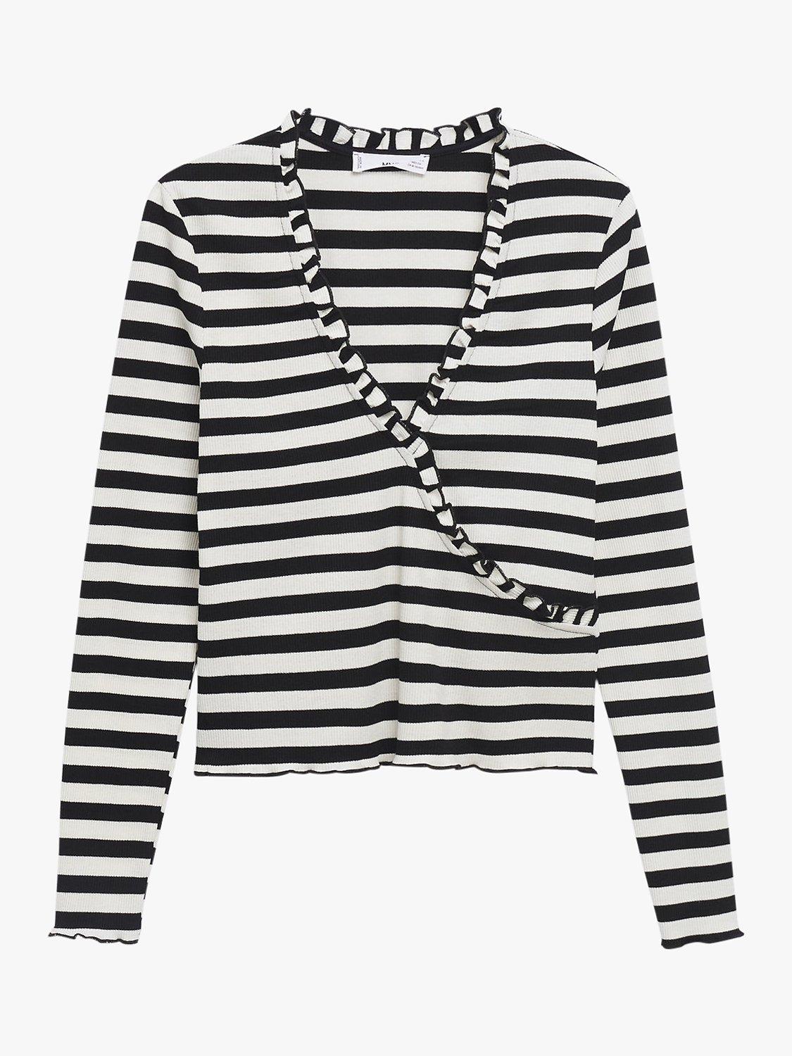Mango Marina Stripe Frill Wrap Neck Top, Black/White