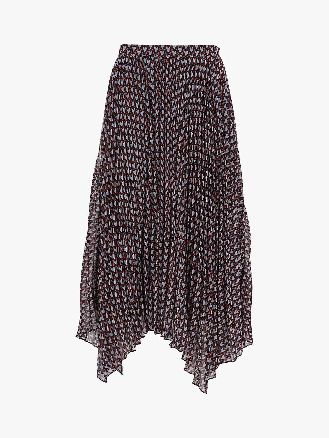 Mint Velvet Nat Heart Print Pleated Midi Skirt, Black/Multi