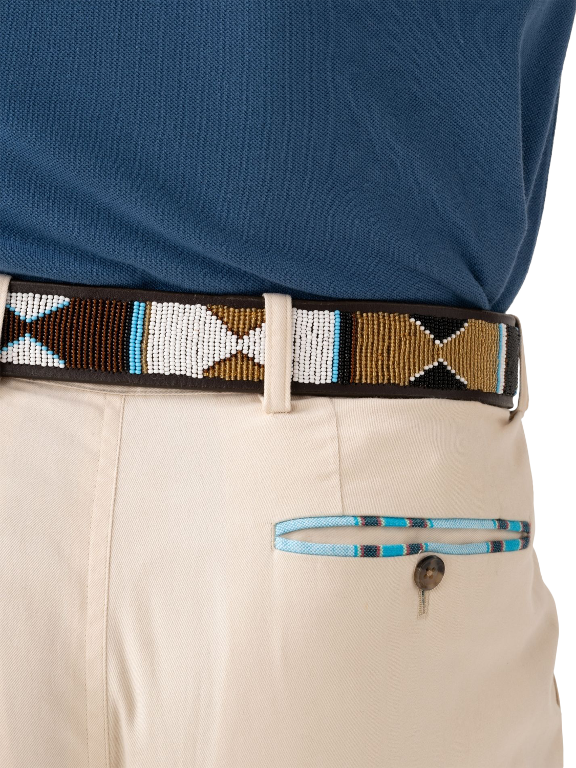 Product image 5 of 6, which shows KOY Maasai Mwezi Wide Belt, Turquoise/Gold, 32