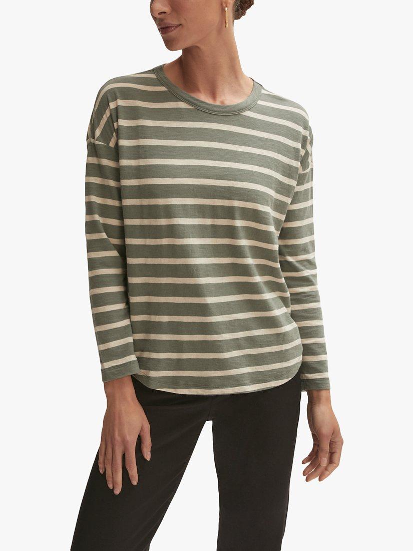 Jigsaw Cotton Breton Stripe Long Sleeve Tee, Green/Beige