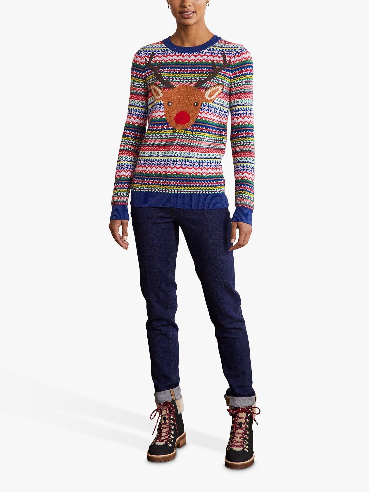 Boden Christmas Fair Isle Rudolf Jumper, Multi/Navy
