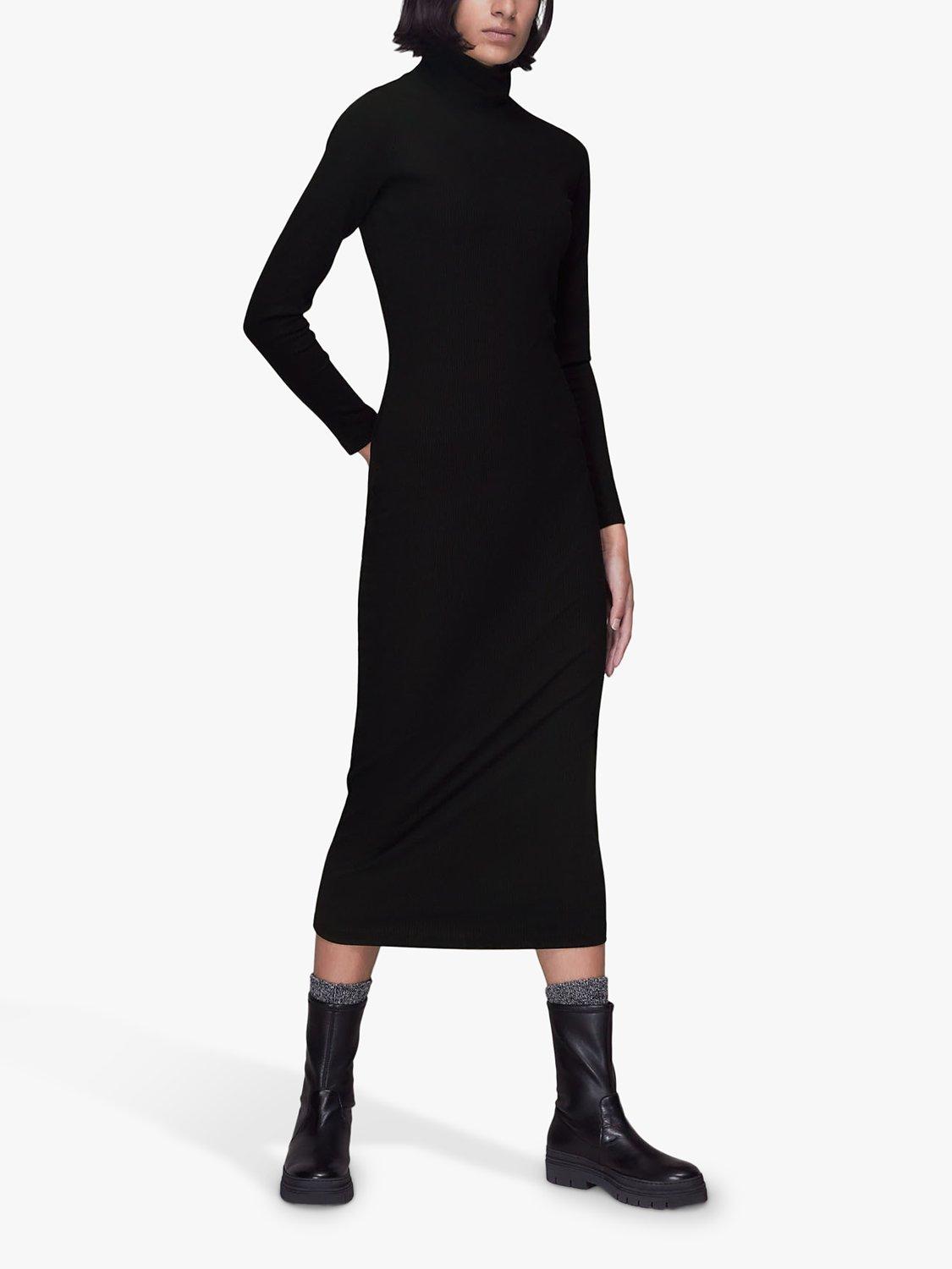 Whistles Ribbed Polo Neck Midi Dress, Black