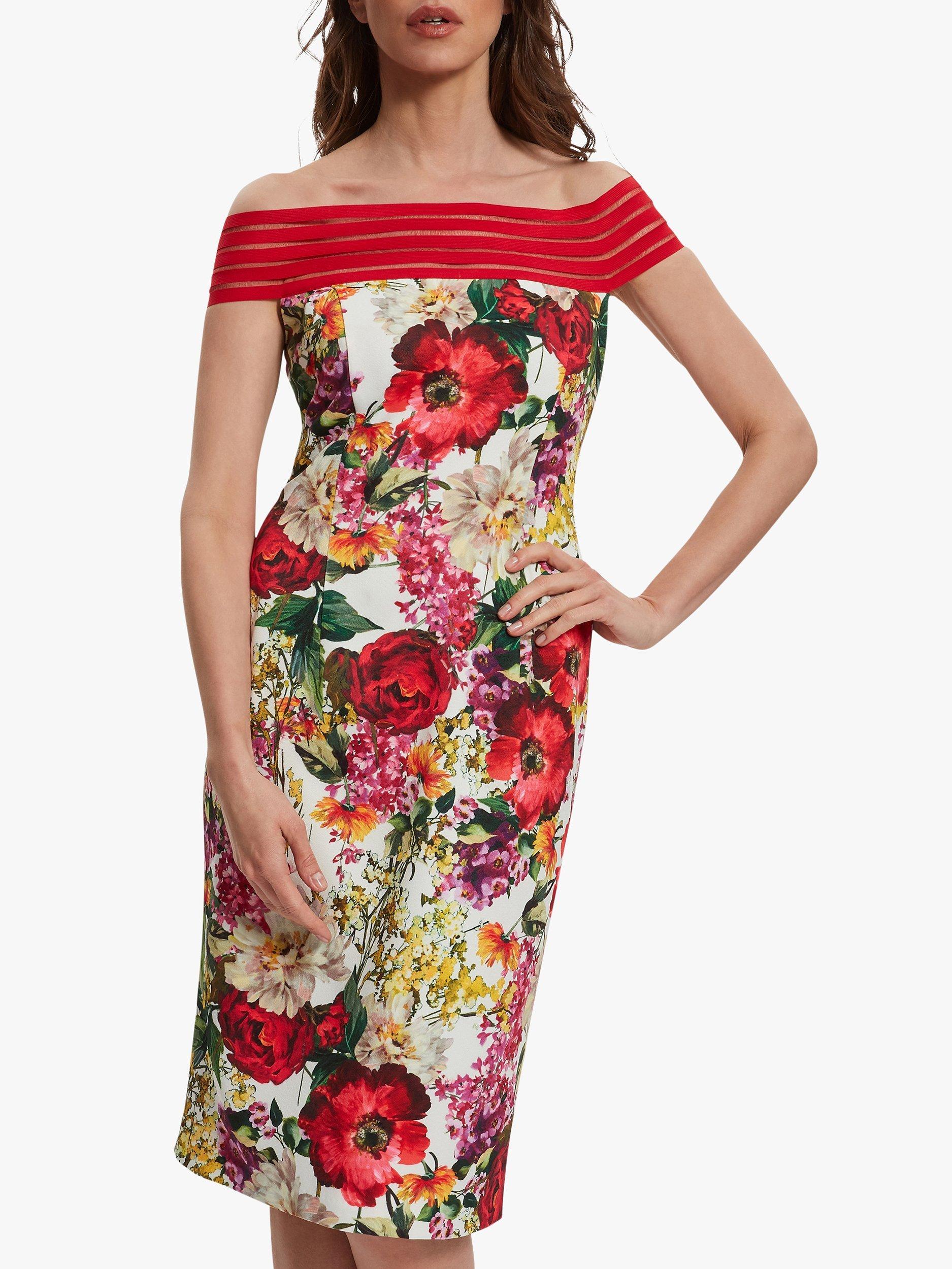 Gina Bacconi Natania Floral Print Scuba Dress, Red/Multi, 14
