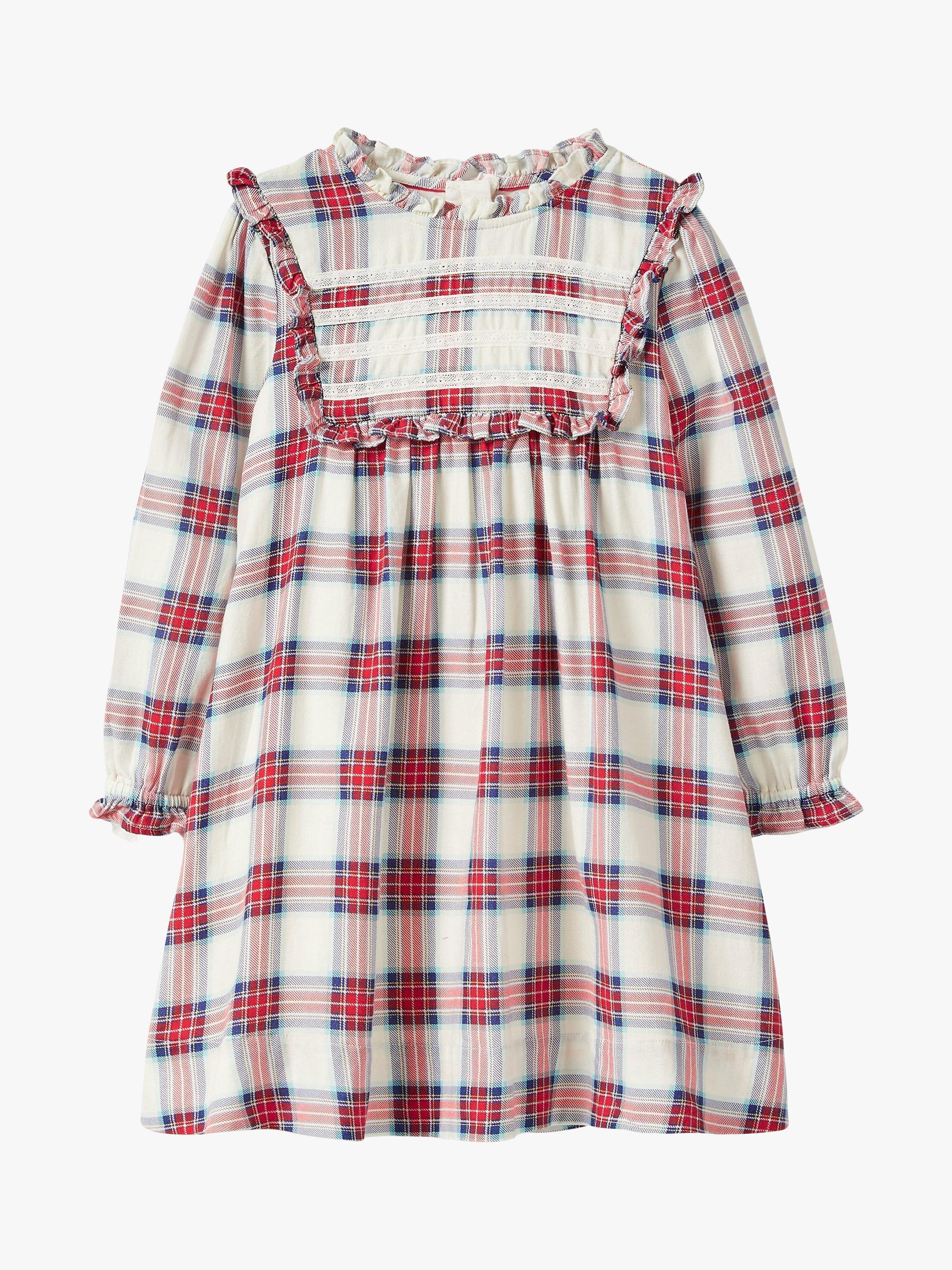 Mini Boden Kids' Nostalgic Check Ruffle Dress, Red/Multi