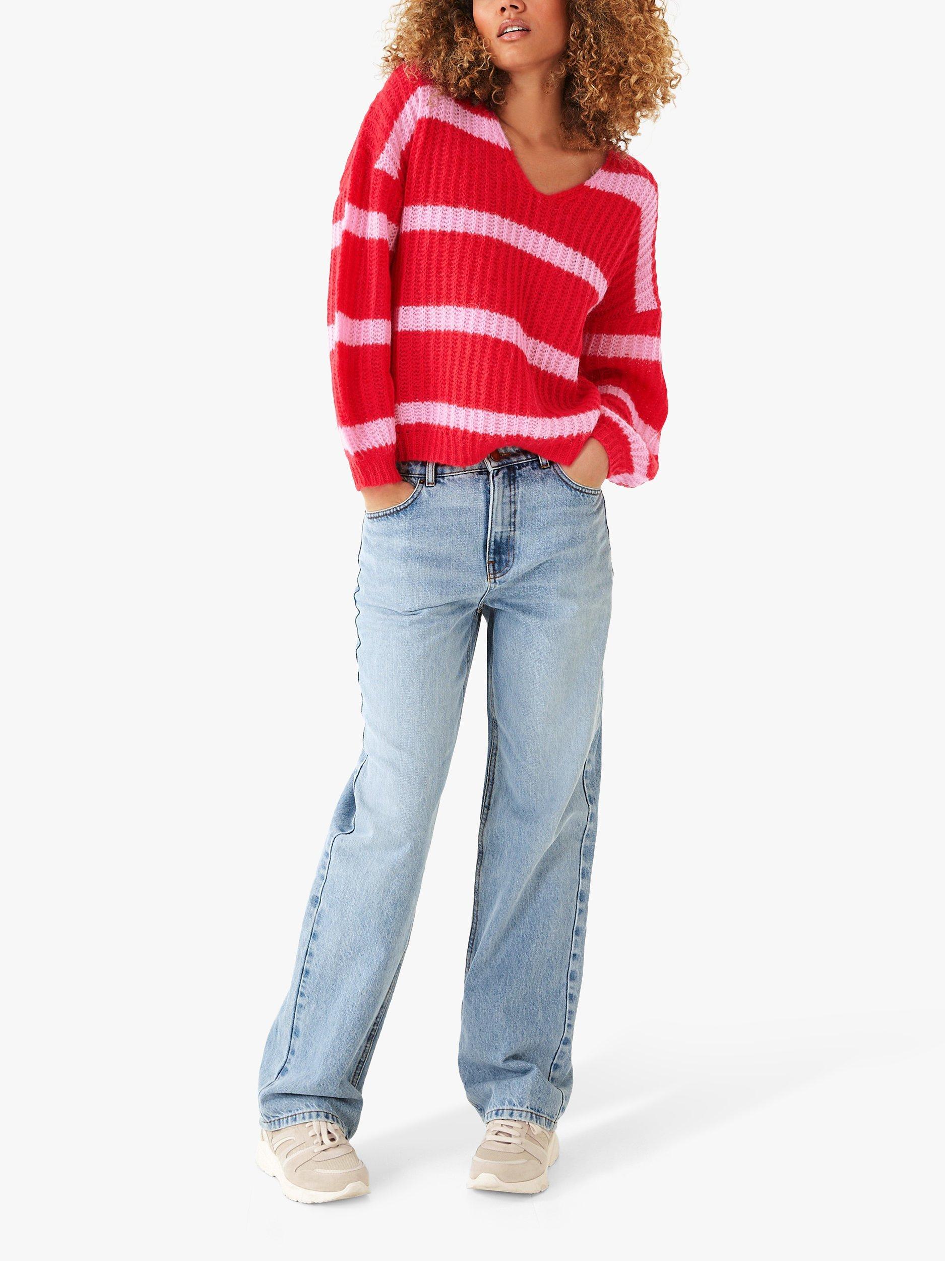 HUSH Serena Stripe Boxy Jumper, Crimson Red/Pink