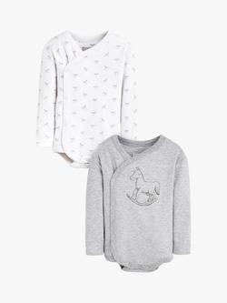 The Little Tailor Baby Rocking Horse Print Long Sleeve Bodysuit, Pack of 2, Grey/White